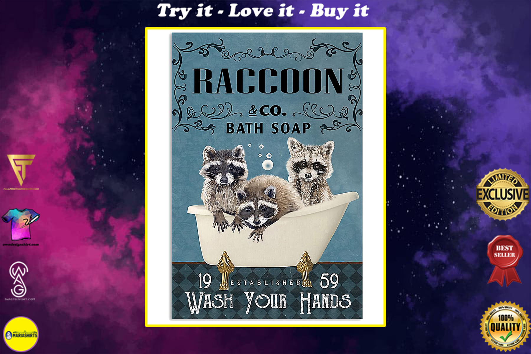 vintage raccoon bath soap wash your paws poster