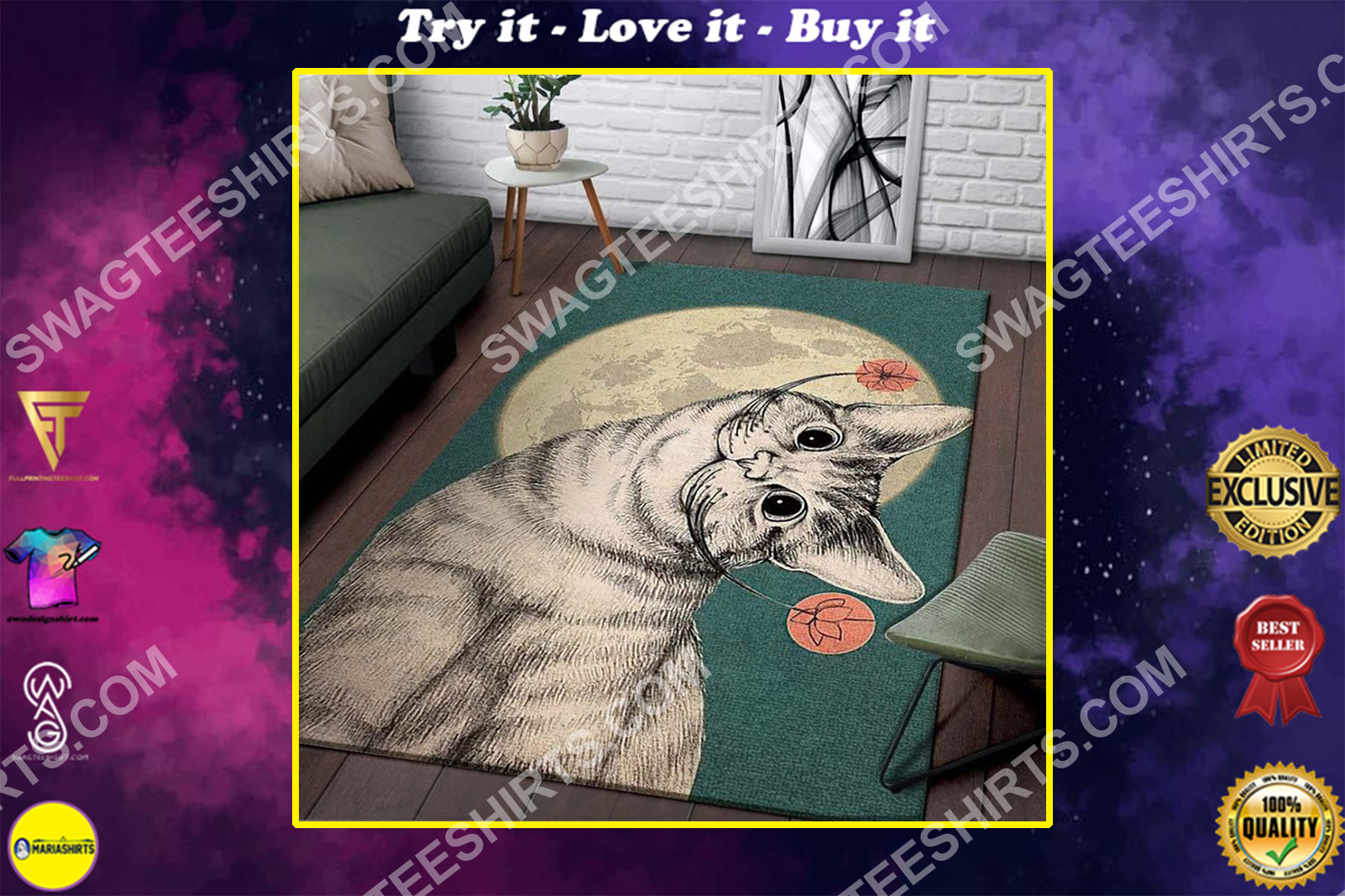 vintage the moon cat and flower full printing rug