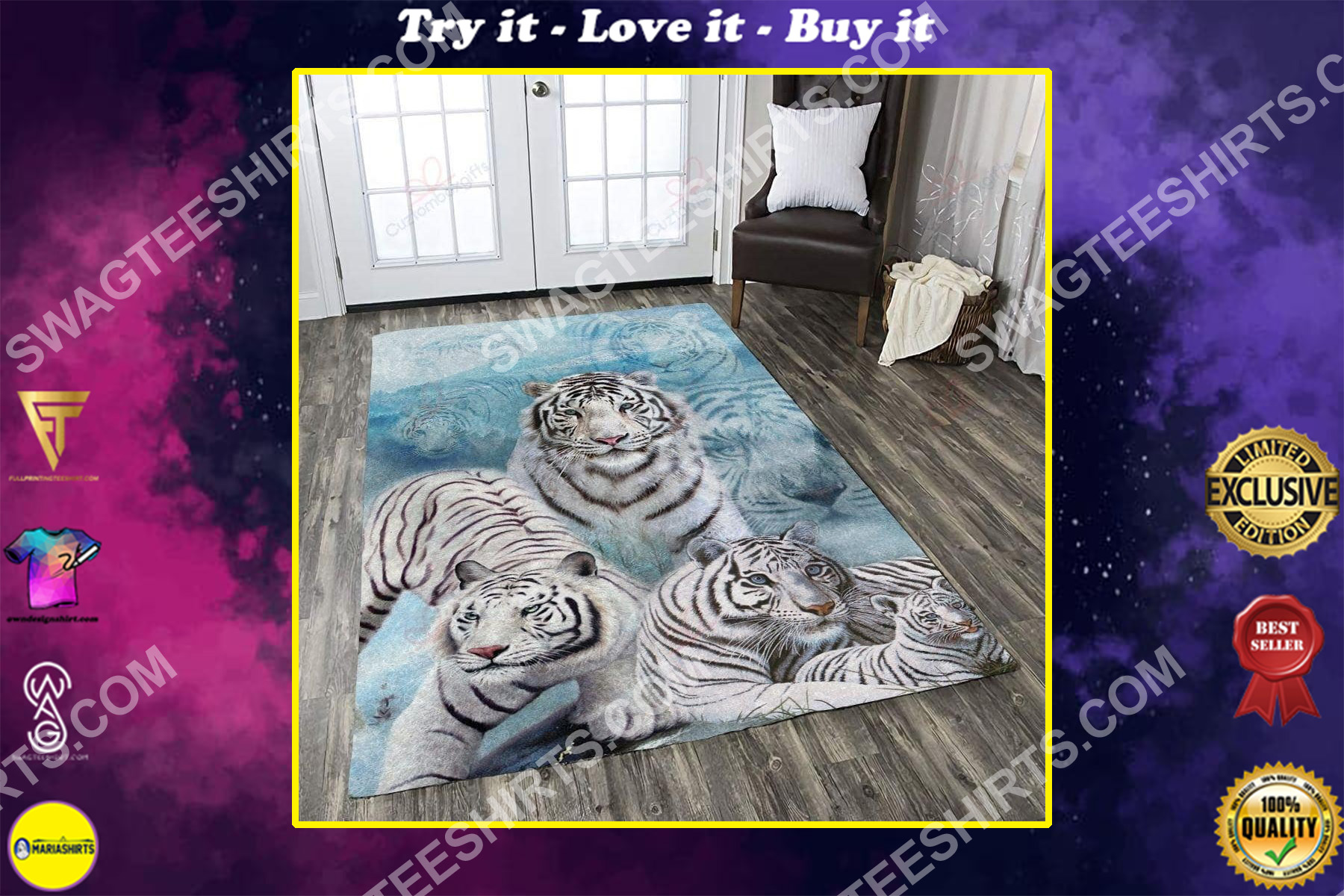 white tiger art all over printed rug