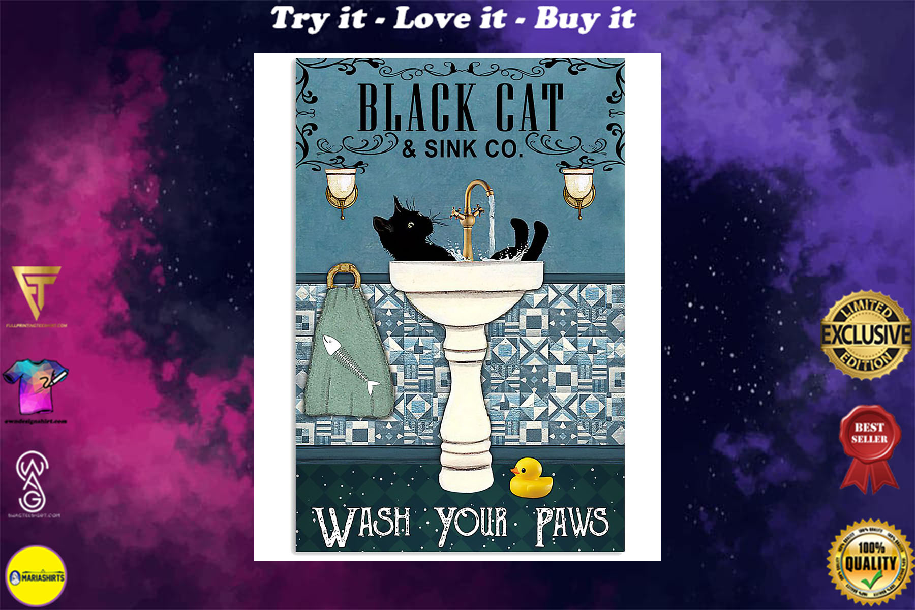 black cat and sink co wash your paws retro poster