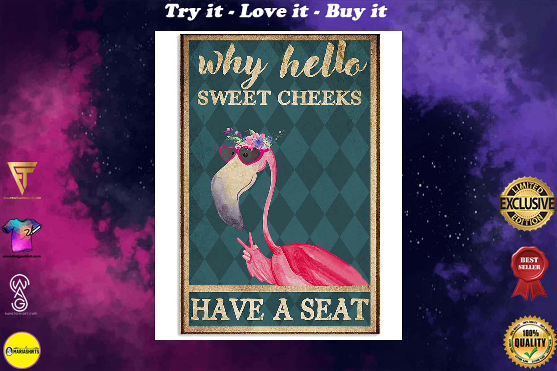 why hello sweet cheeks have a seat flamingo retro poster