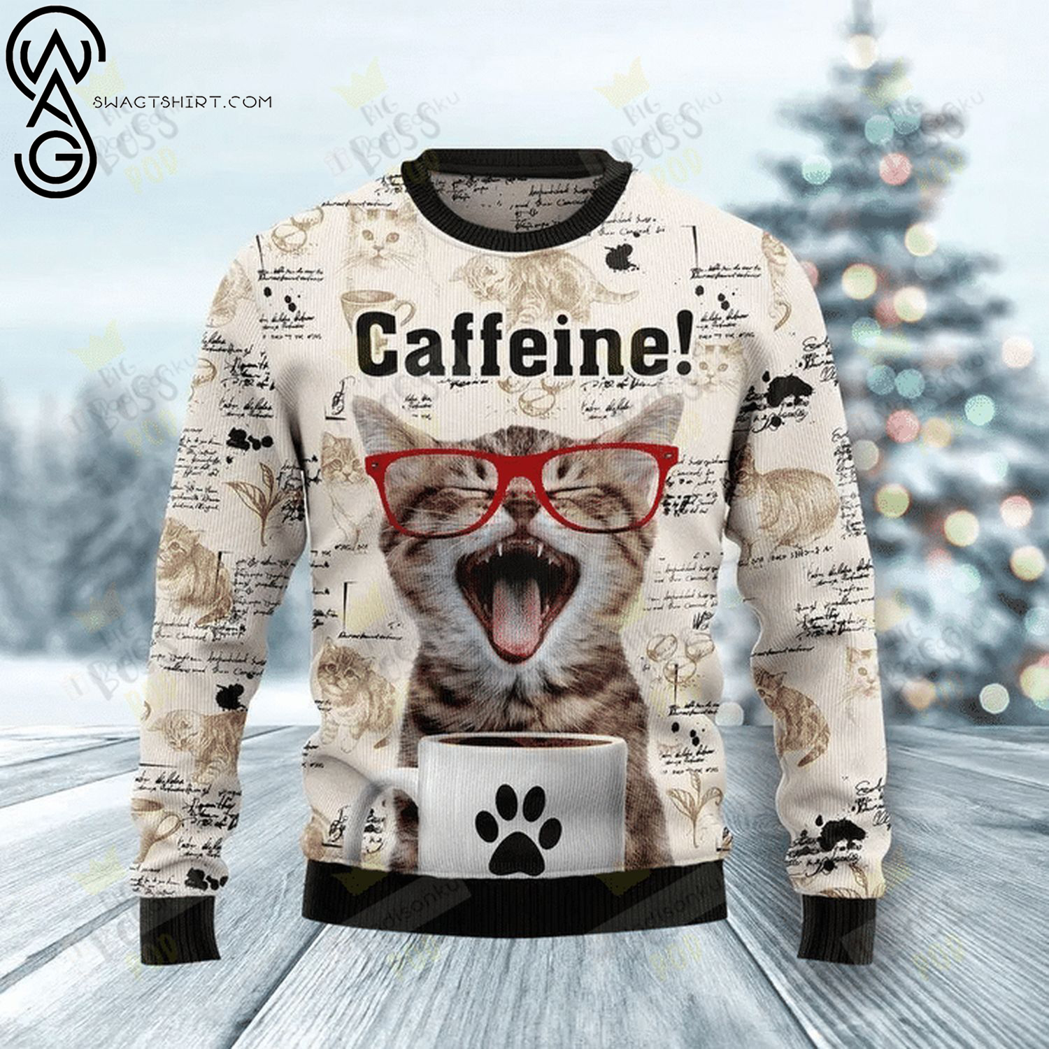 Catfeine cat and coffee full printing ugly christmas sweater