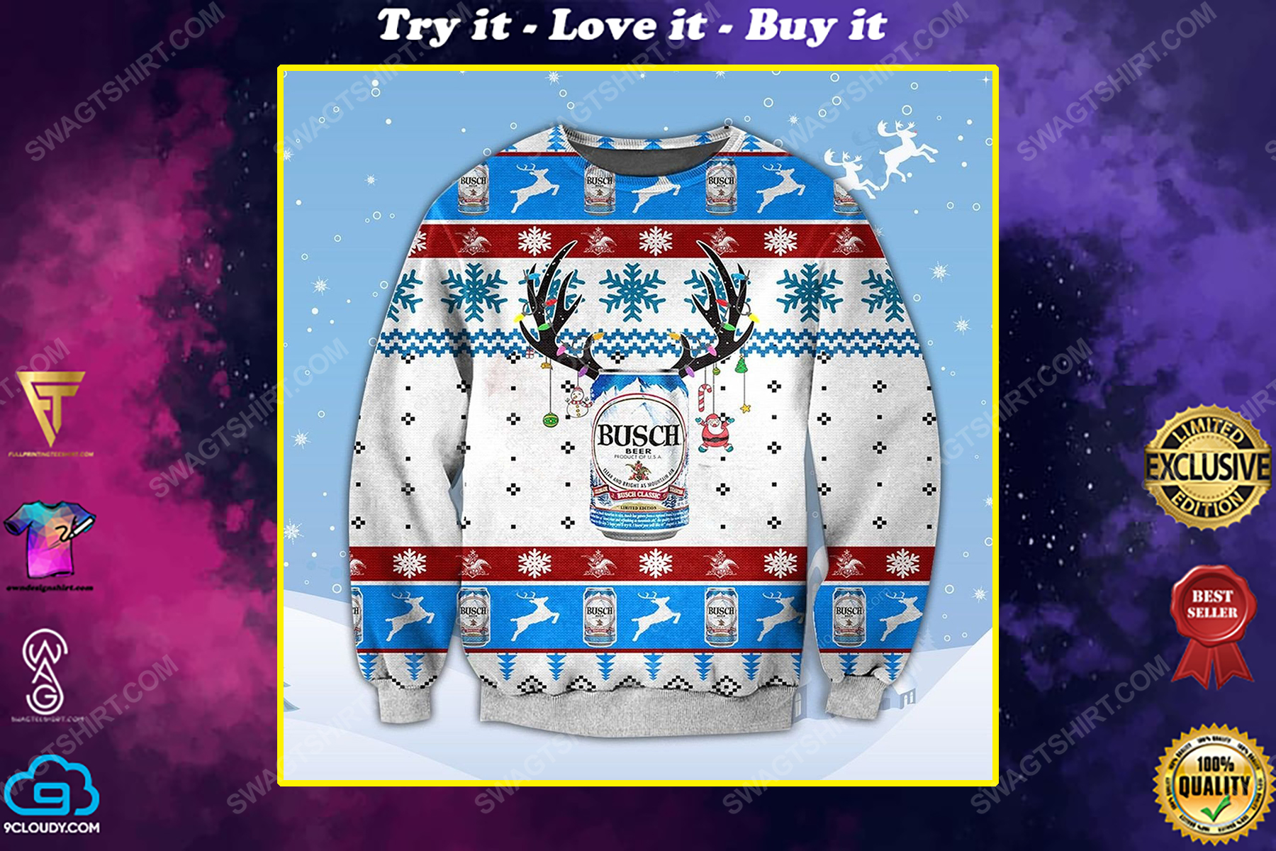 Christmas light reindeer busch beer ugly christmas sweater