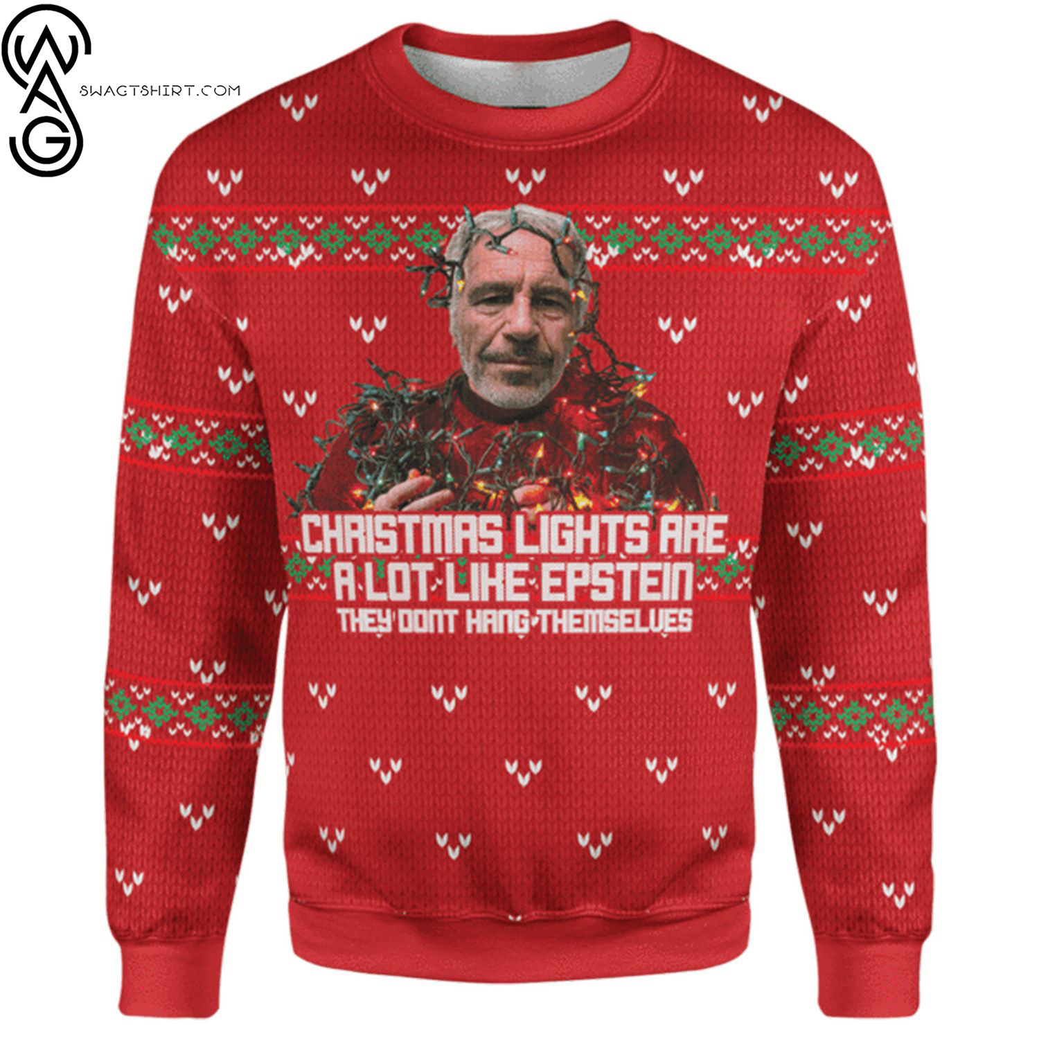 Christmas lights are a lot like epstein they don't hang themselves ugly christmas sweater