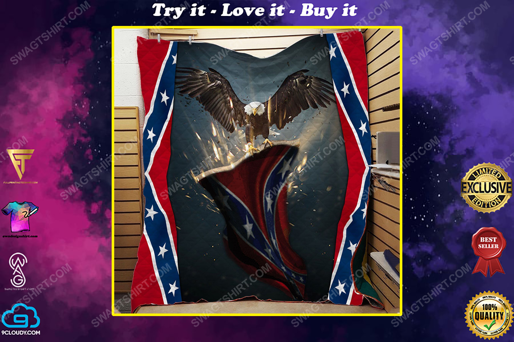 Confederate southern flag and eagle full print quilt