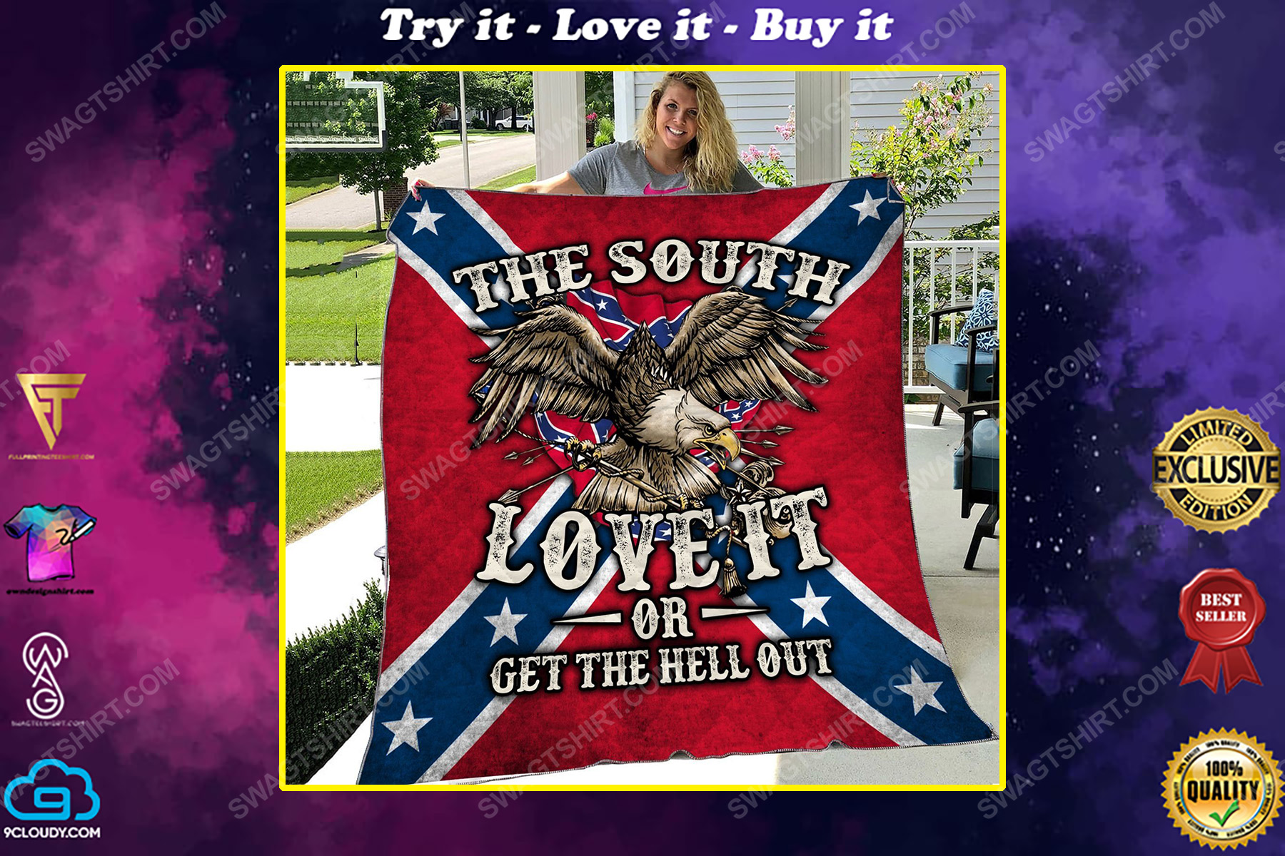 Confederate southern flag eagle the south love it or get the hell out quilt