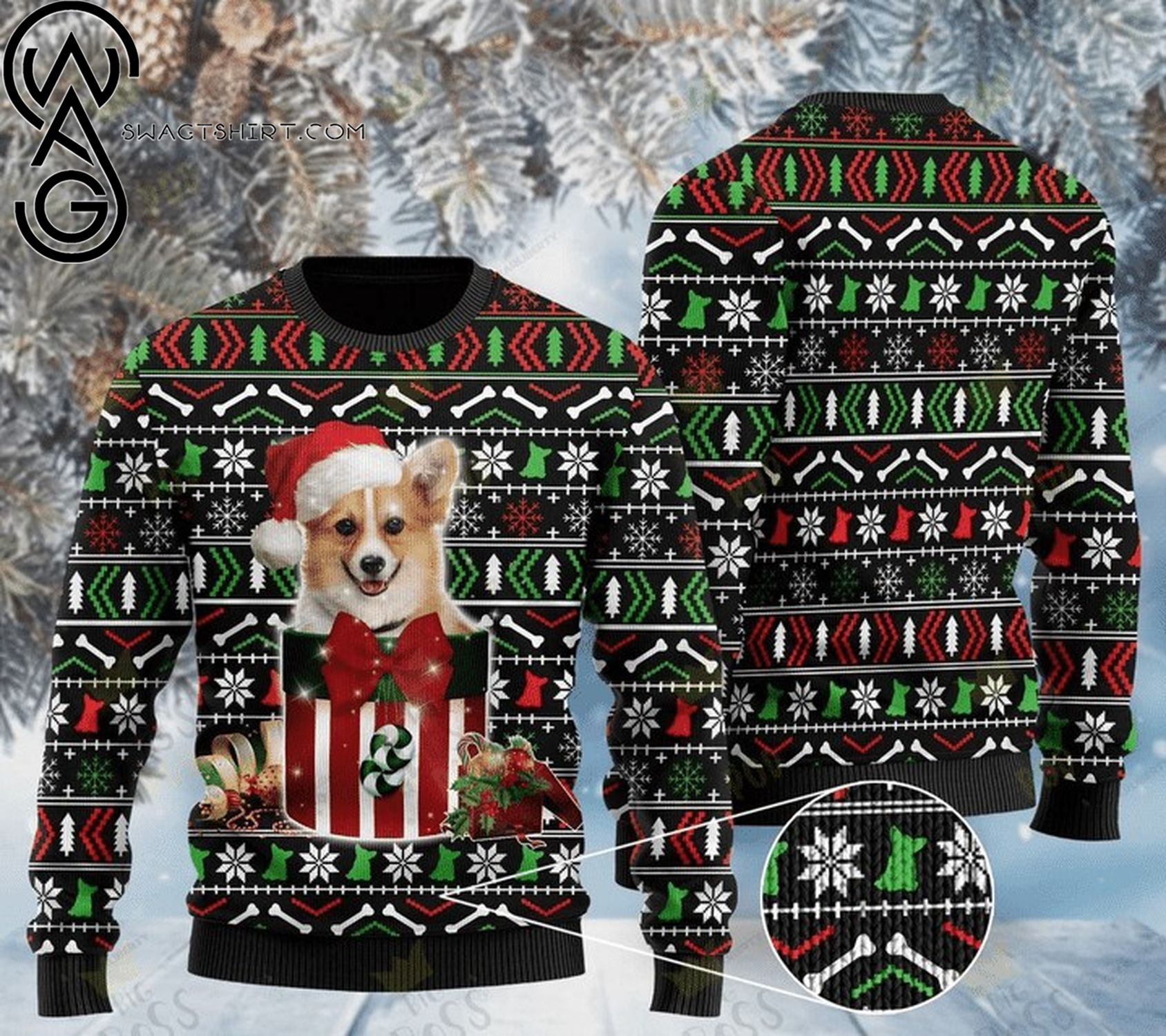 Corgi dog with santa hat full printing ugly christmas sweater