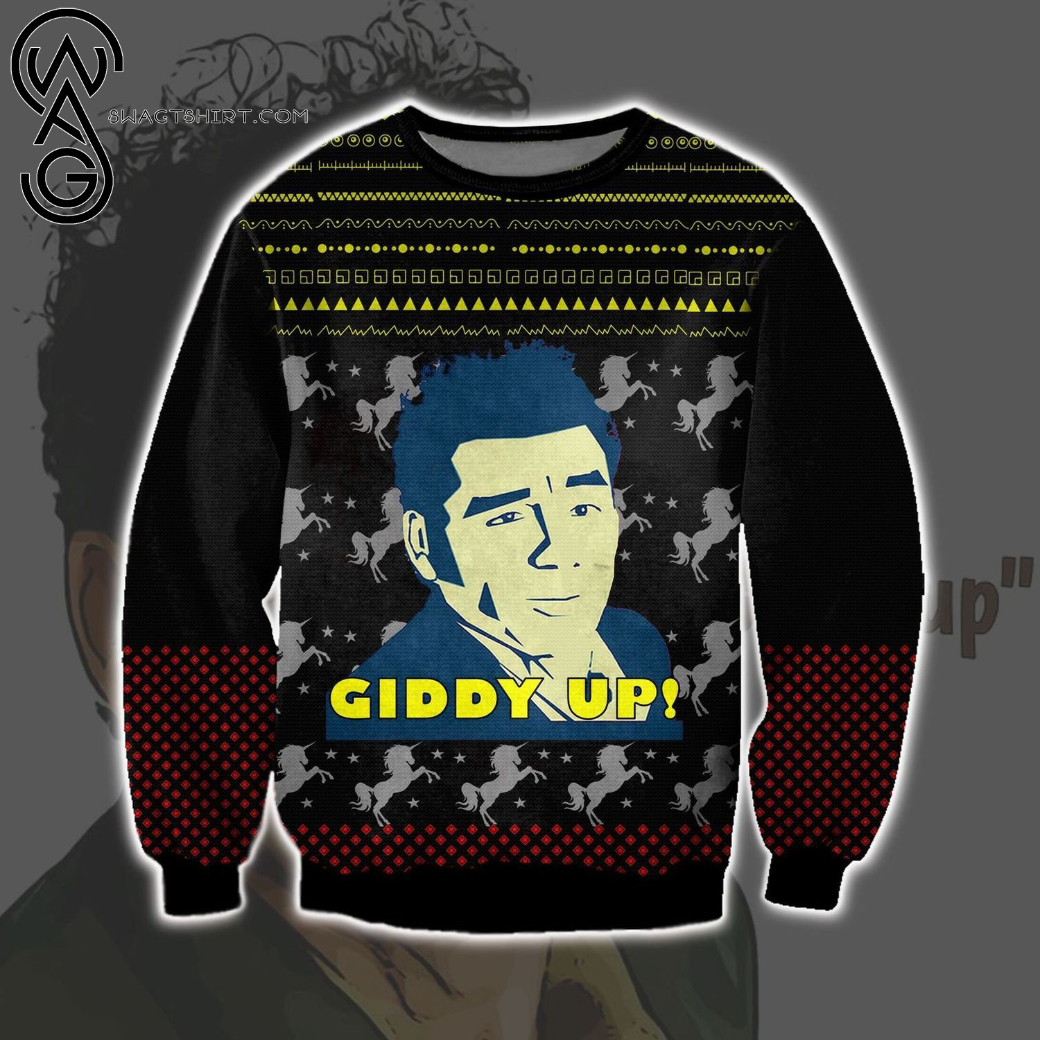 Cosmo Kramer Giddy Up Full Print Ugly Christmas Sweater