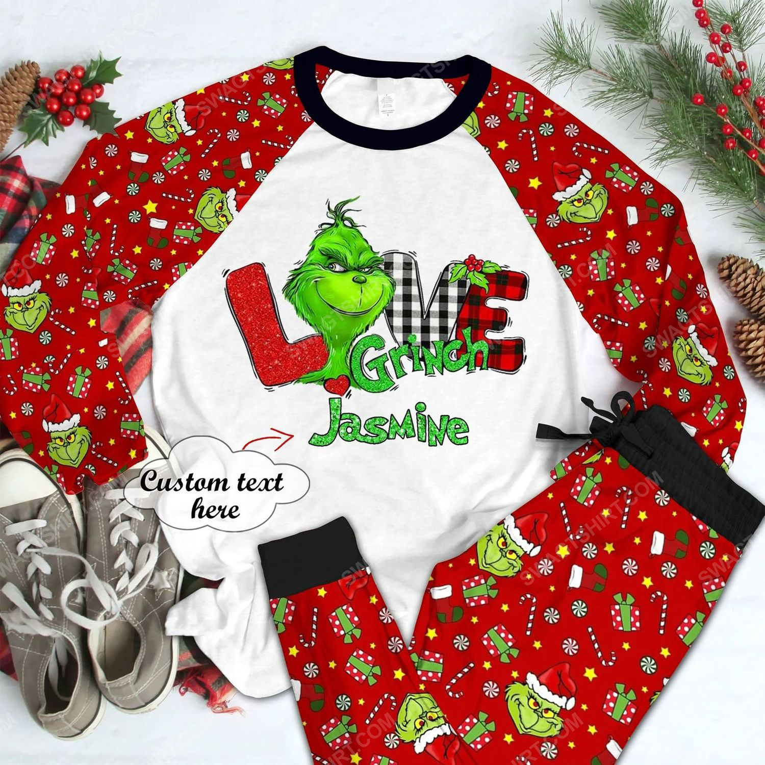 Custom love grinch full print pajamas set 1 - Copy