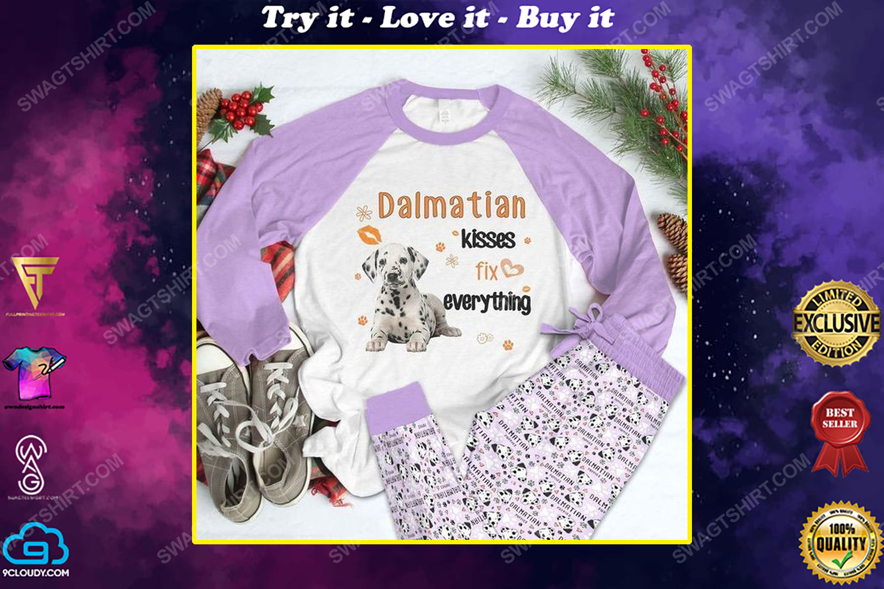 Dog dalmatian kisses fix everything full print pajamas set