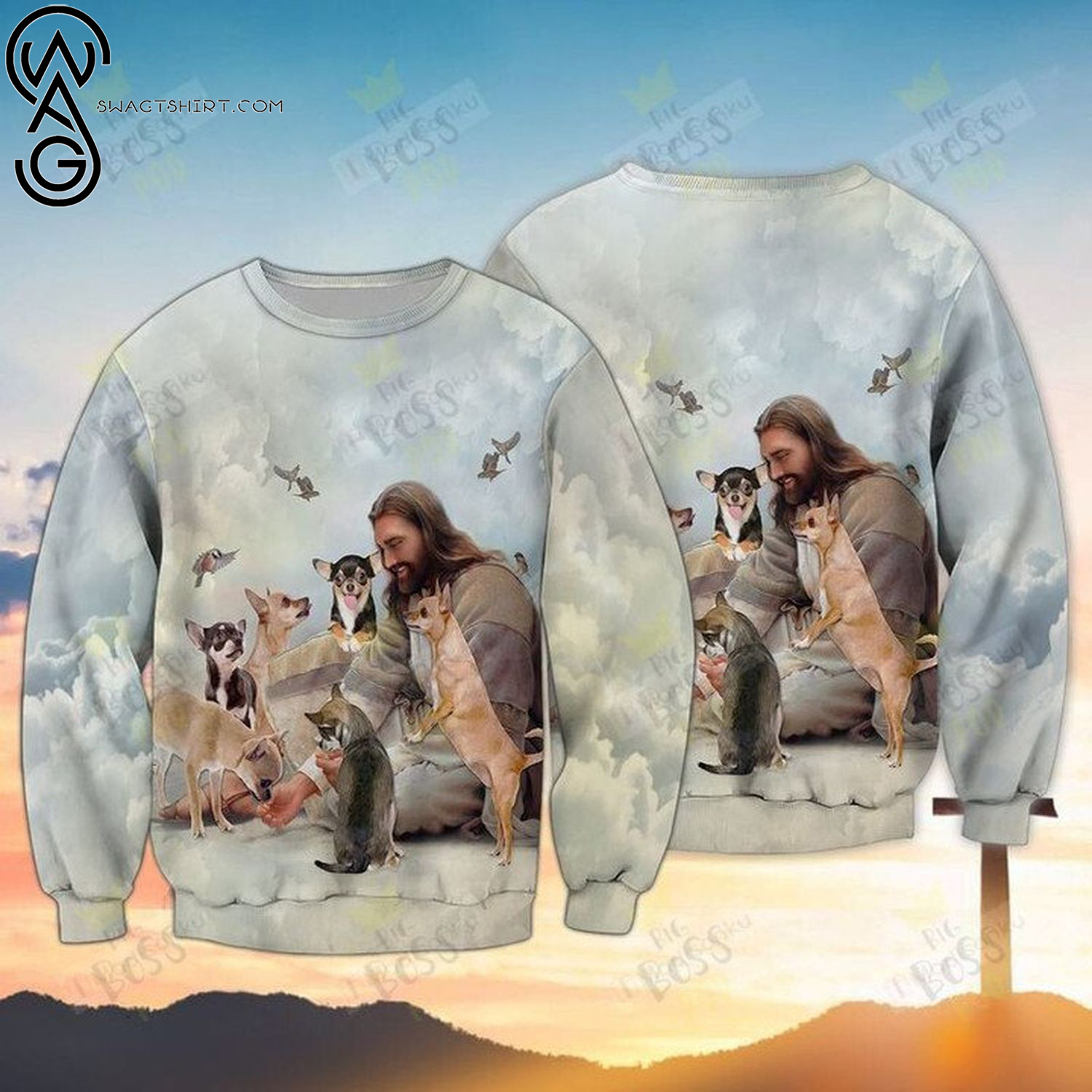 God surrounded by chihuahua ugly christmas sweater