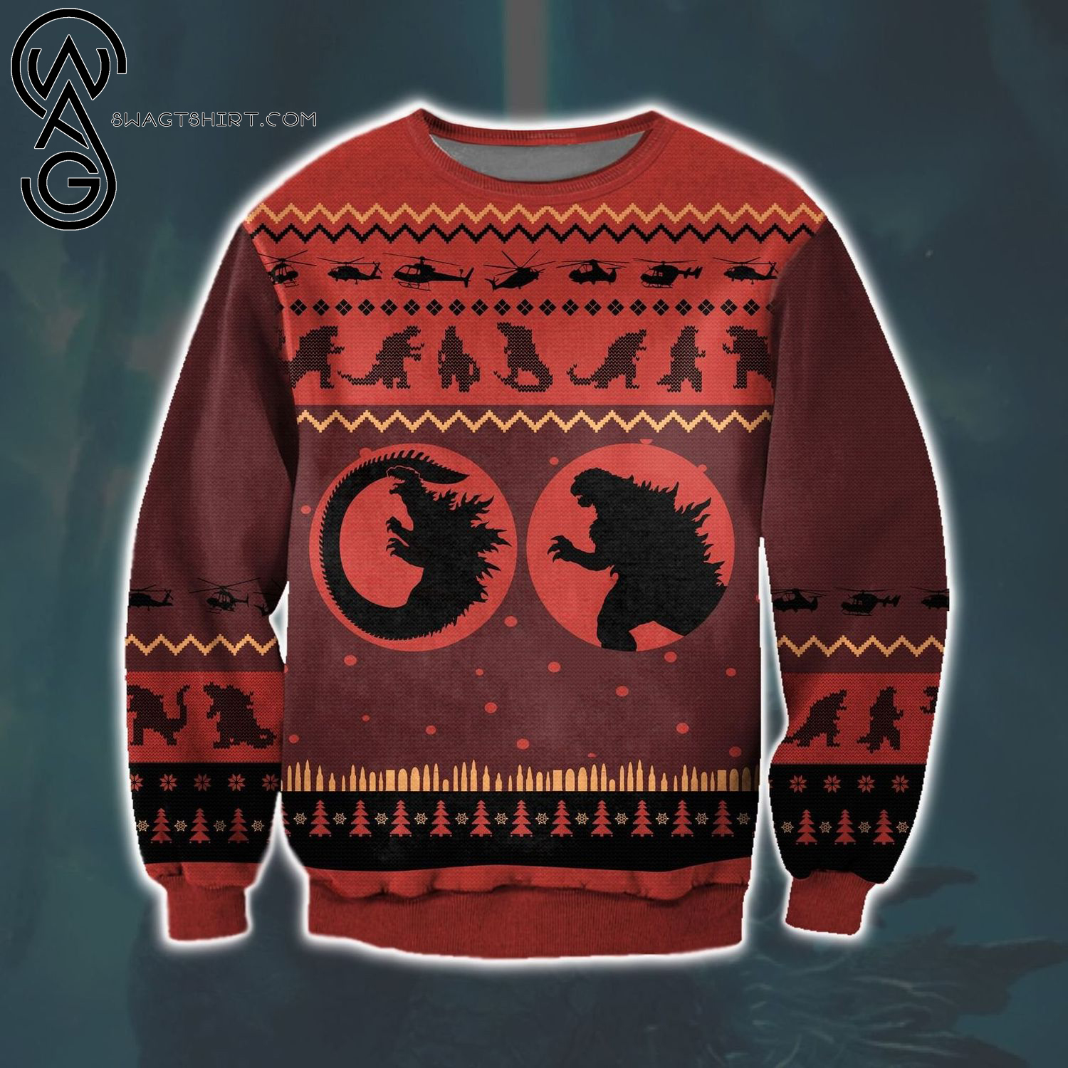 Godzilla Full Print Ugly Christmas Sweater