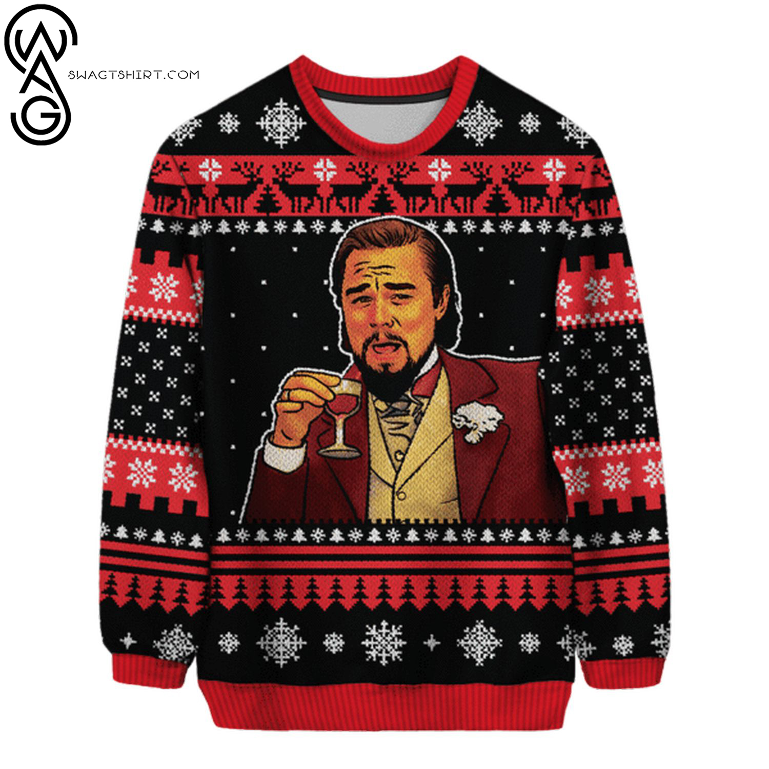 Leo dicaprio laughing with wine ugly christmas sweater