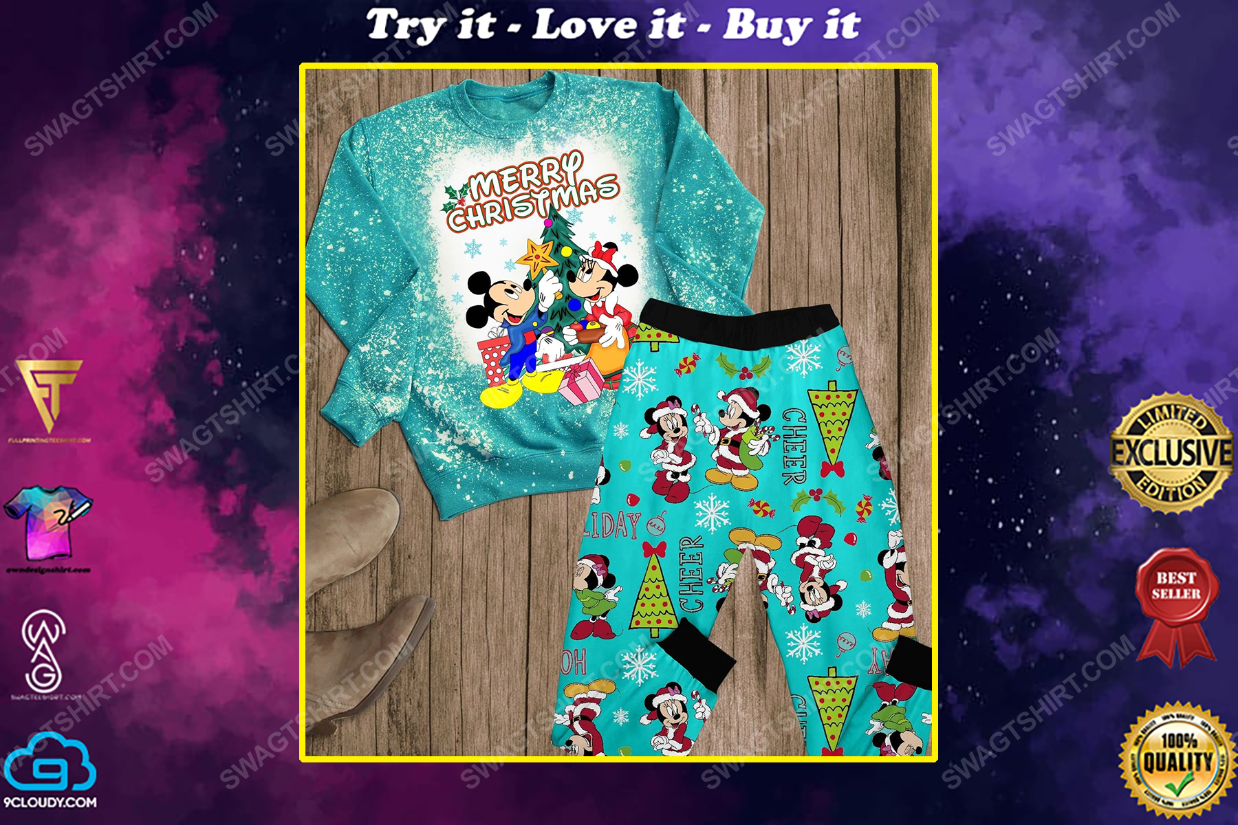 Mickey mouse merry christmas full print pajamas set