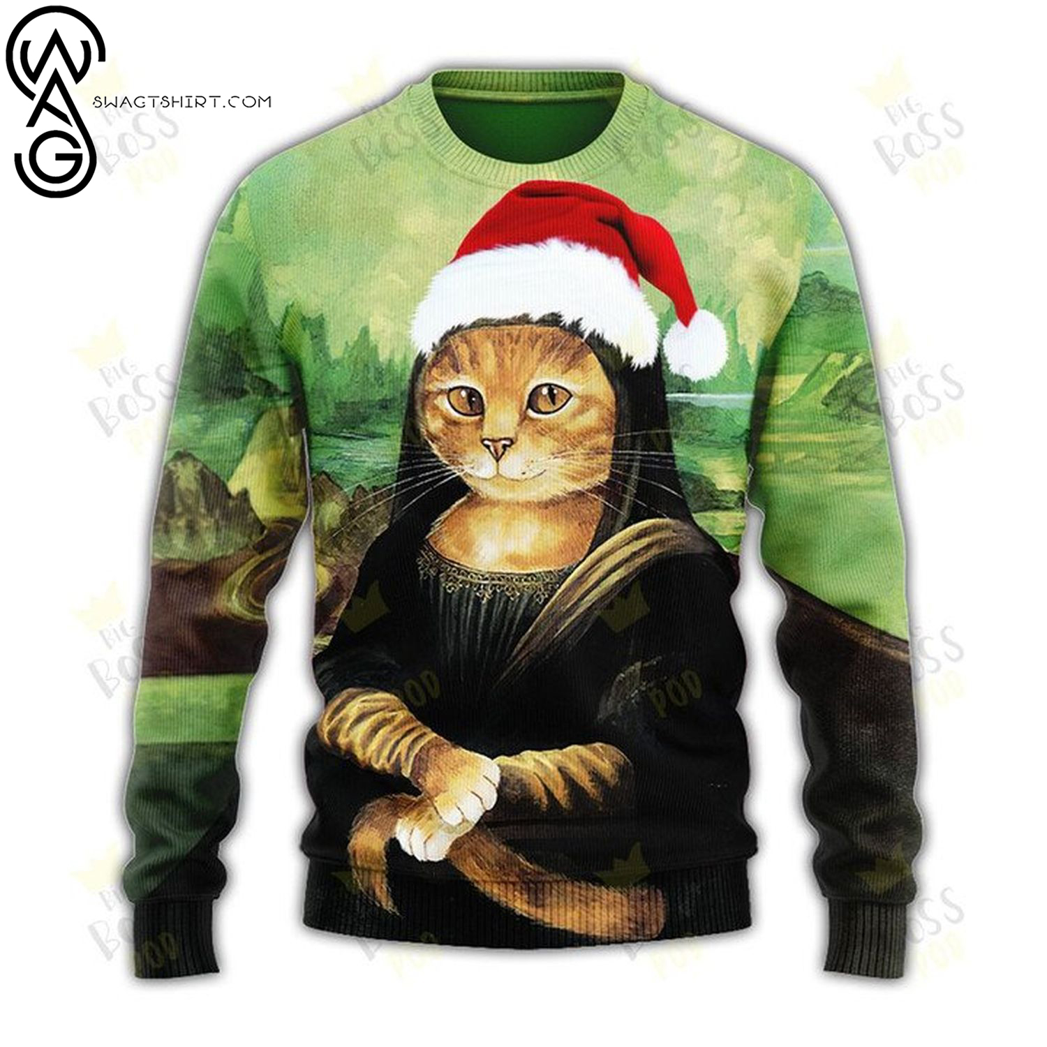 Mona lisa cat full printing ugly christmas sweater