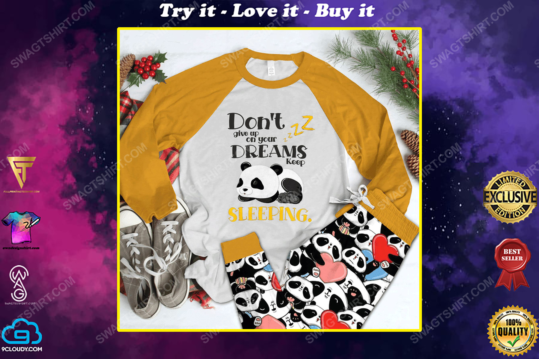 Panda don't give up on your dreams keep sleeping pajamas set