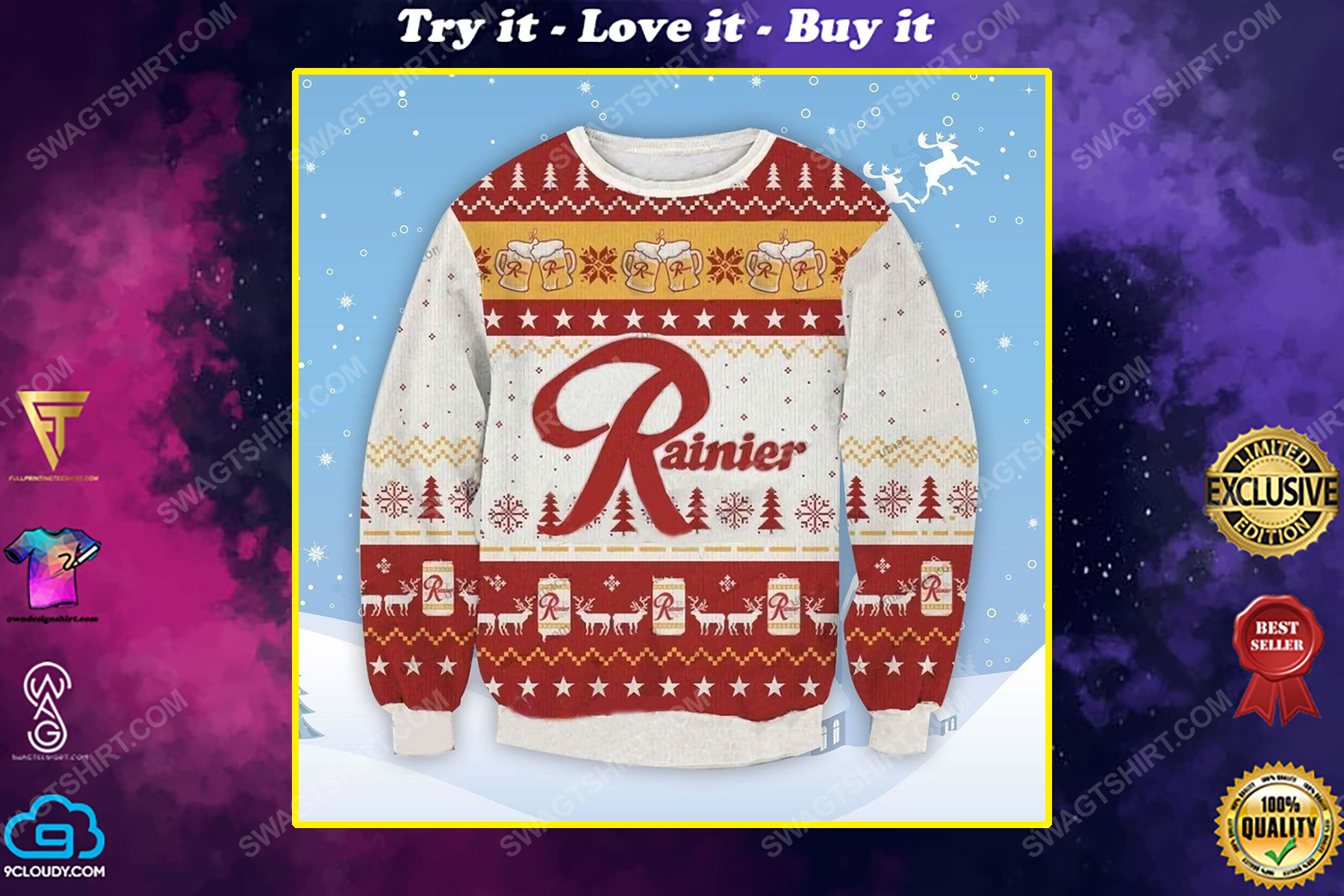 Rainier brewing beer ugly christmas sweater