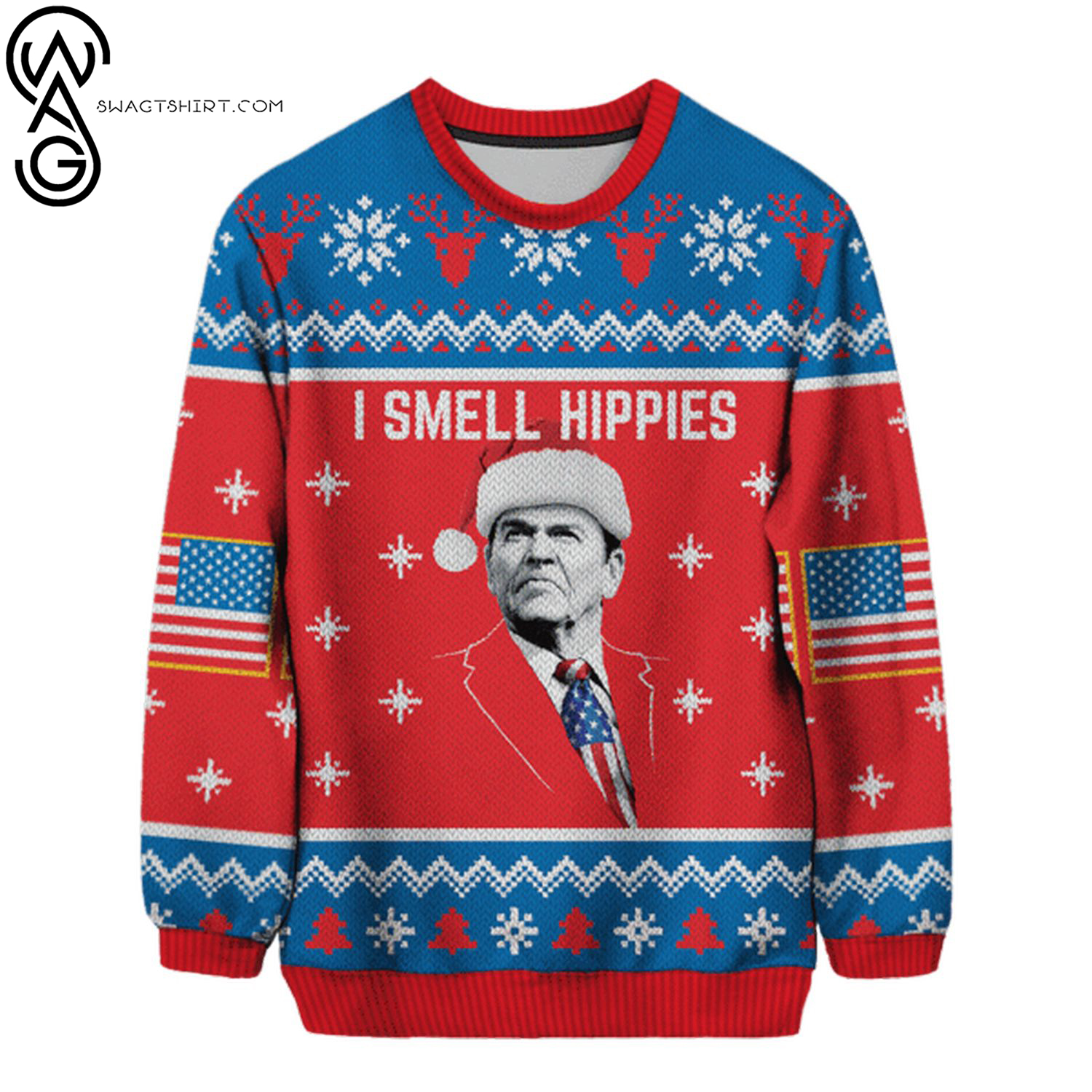 Ronald reagan i smell hippies ugly christmas sweater