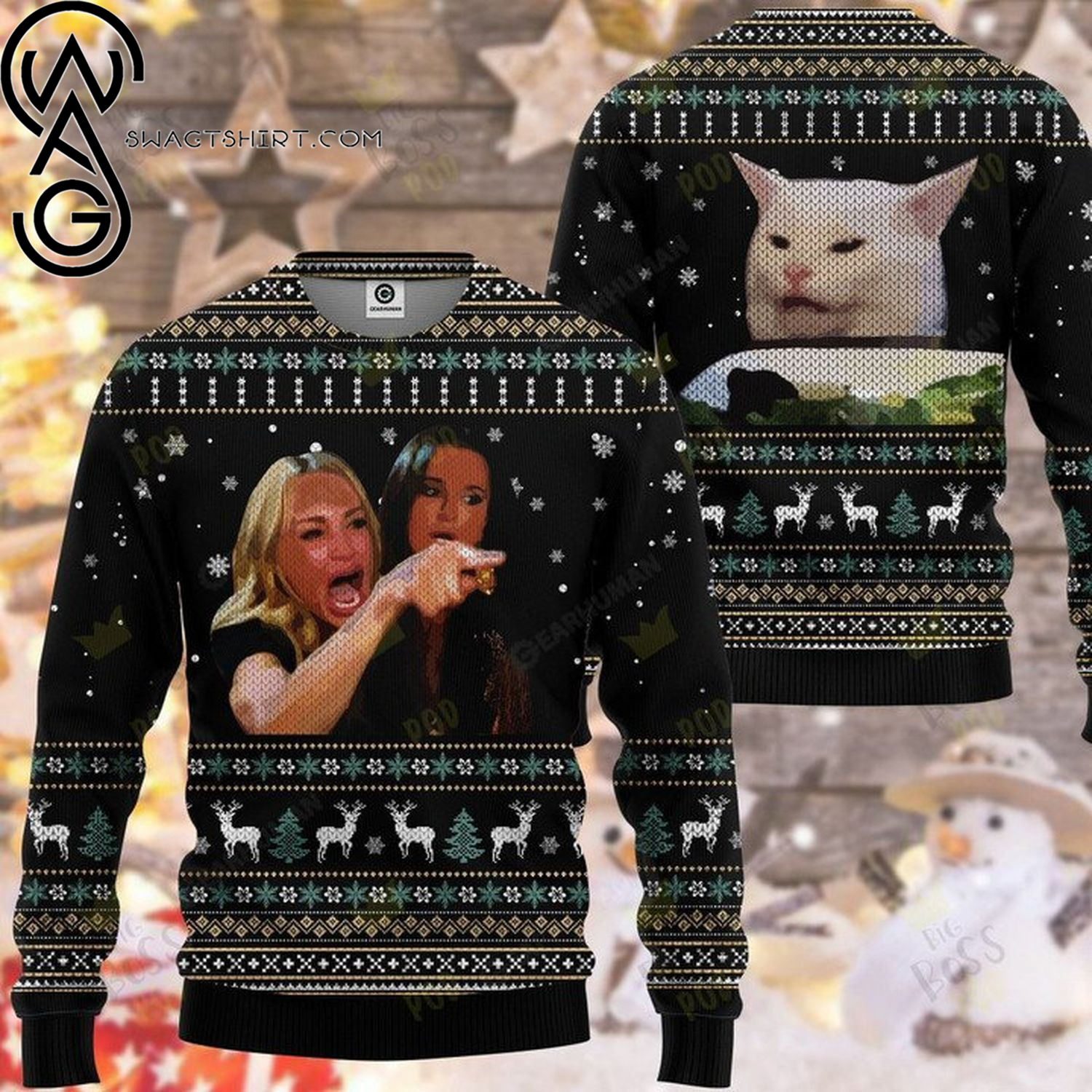 Woman yelling at a cat full printing ugly christmas sweater