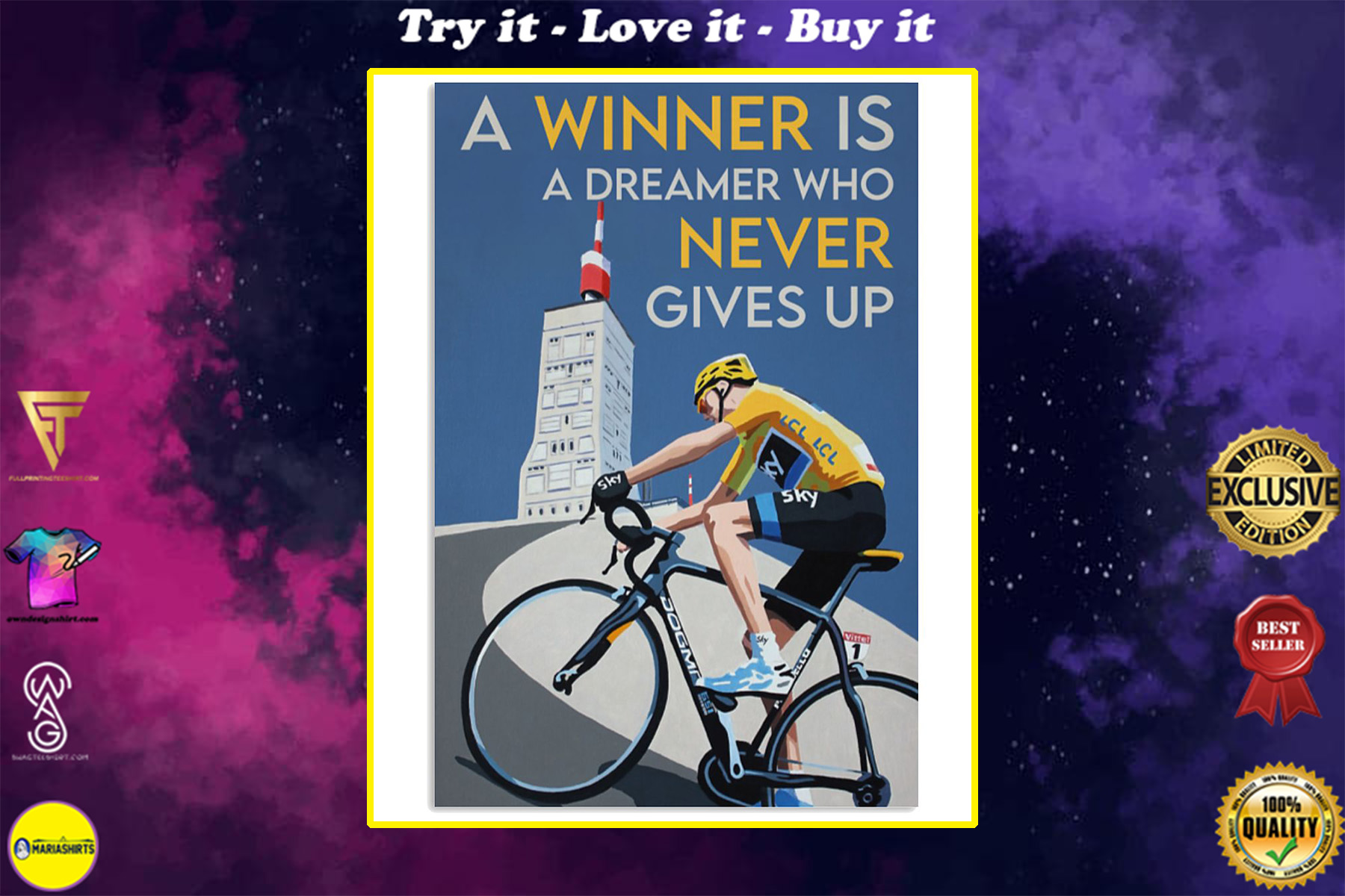 a winner is a dreamer who never gives up cycling poster