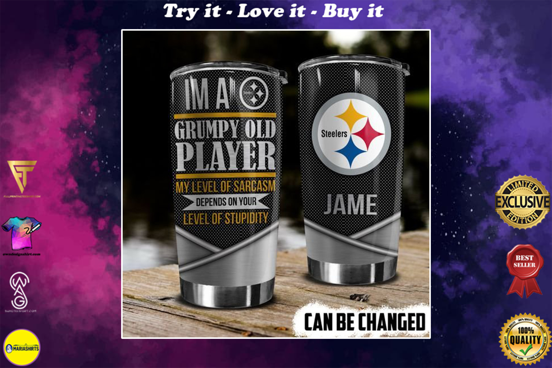 personalized name im a grumpy old player pittsburgh steelers tumbler