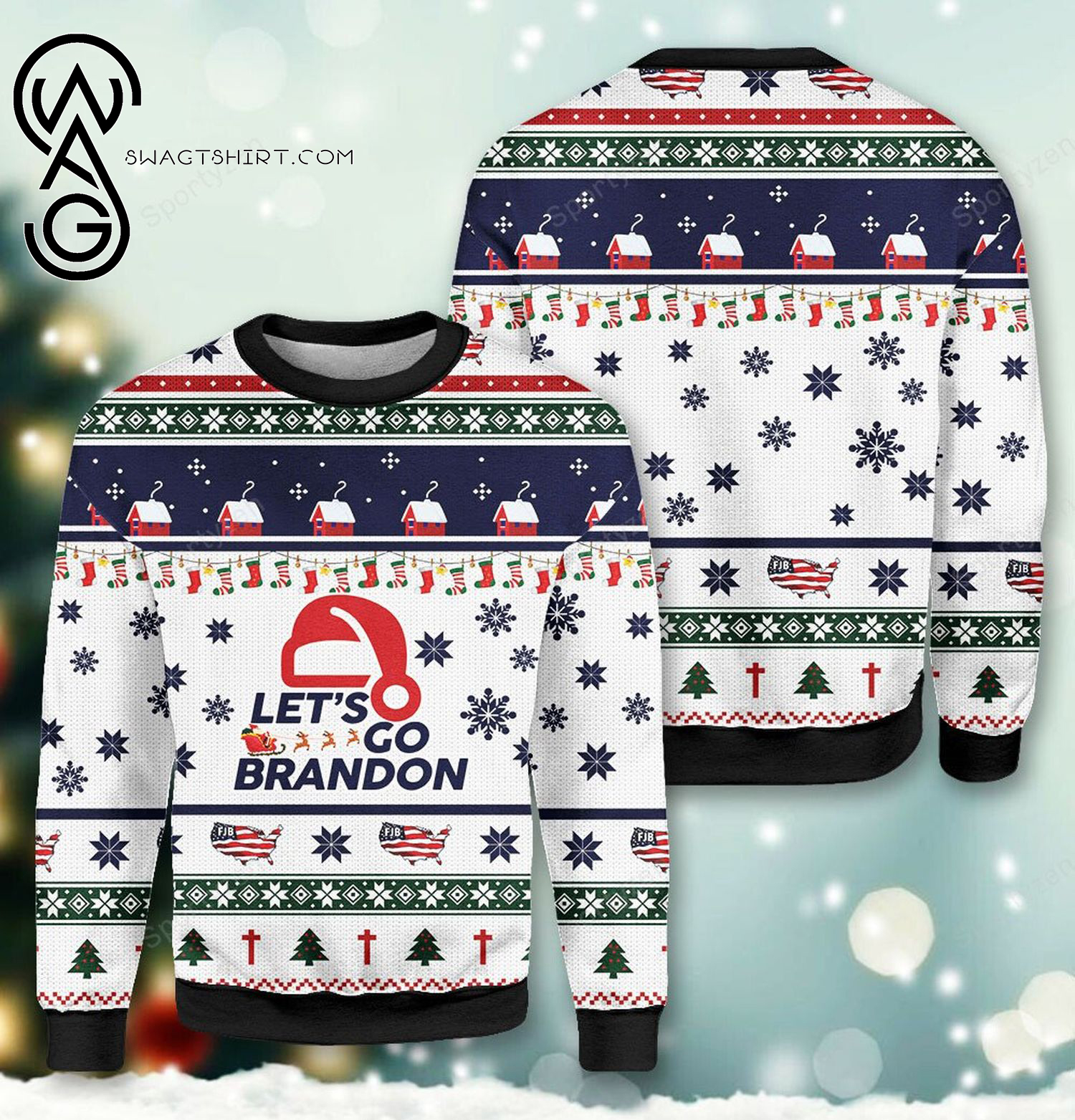 Let's Go Brandon Santa Hat Full Print Ugly Christmas Sweater