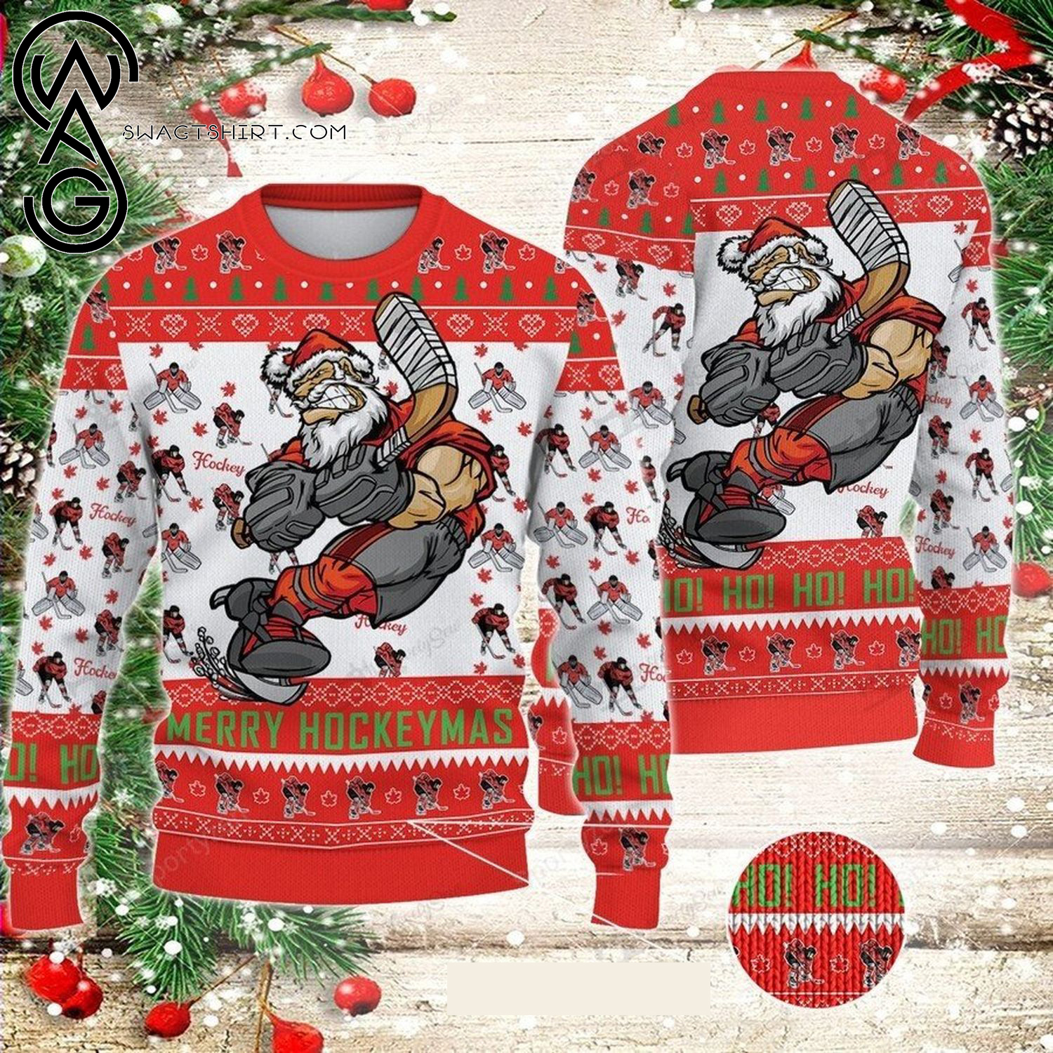 Santa Plays Hockey Full Print Ugly Christmas Sweater