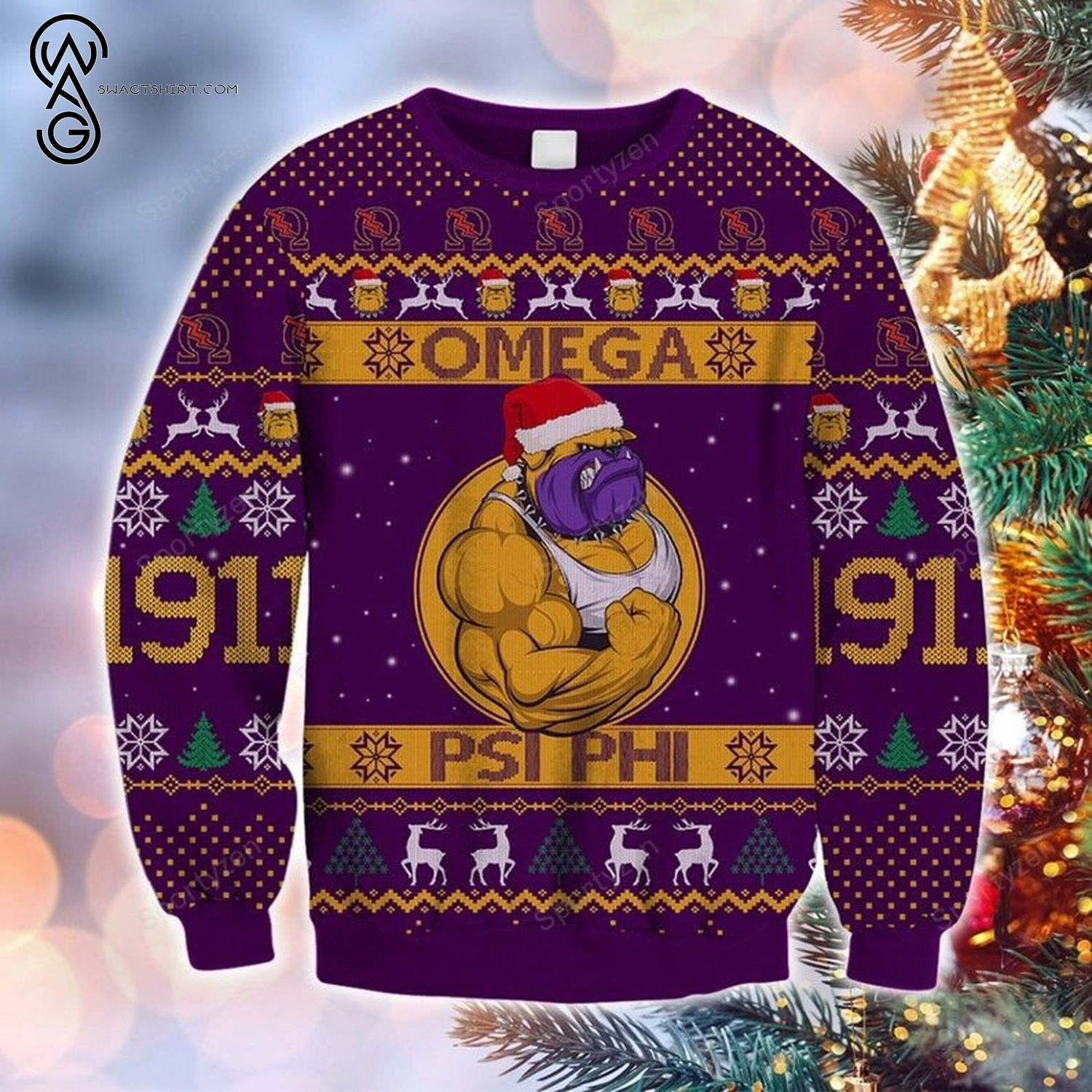Omega 1911 Bulldog Hand Sign Psi-Phi Full Print Ugly Christmas Sweater