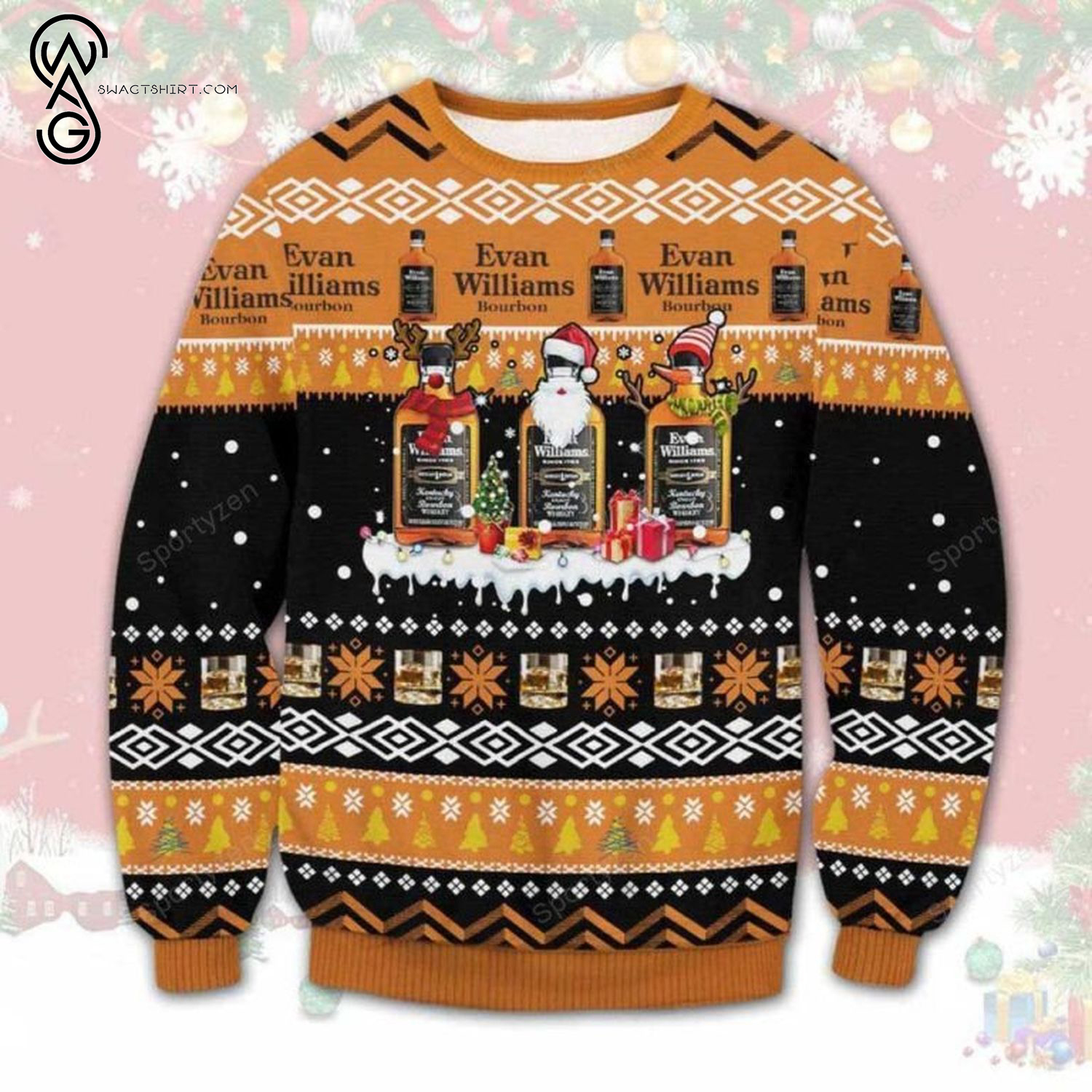 Evan Williams Bourbon Full Print Ugly Christmas Sweater