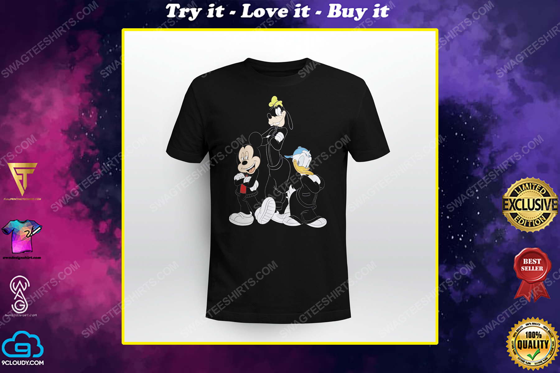 Mickey donald and goofy men in black shirt