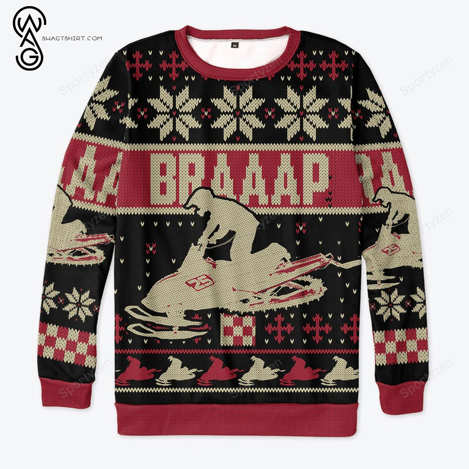 Snowmobile Braaap Full Print Ugly Christmas Sweater