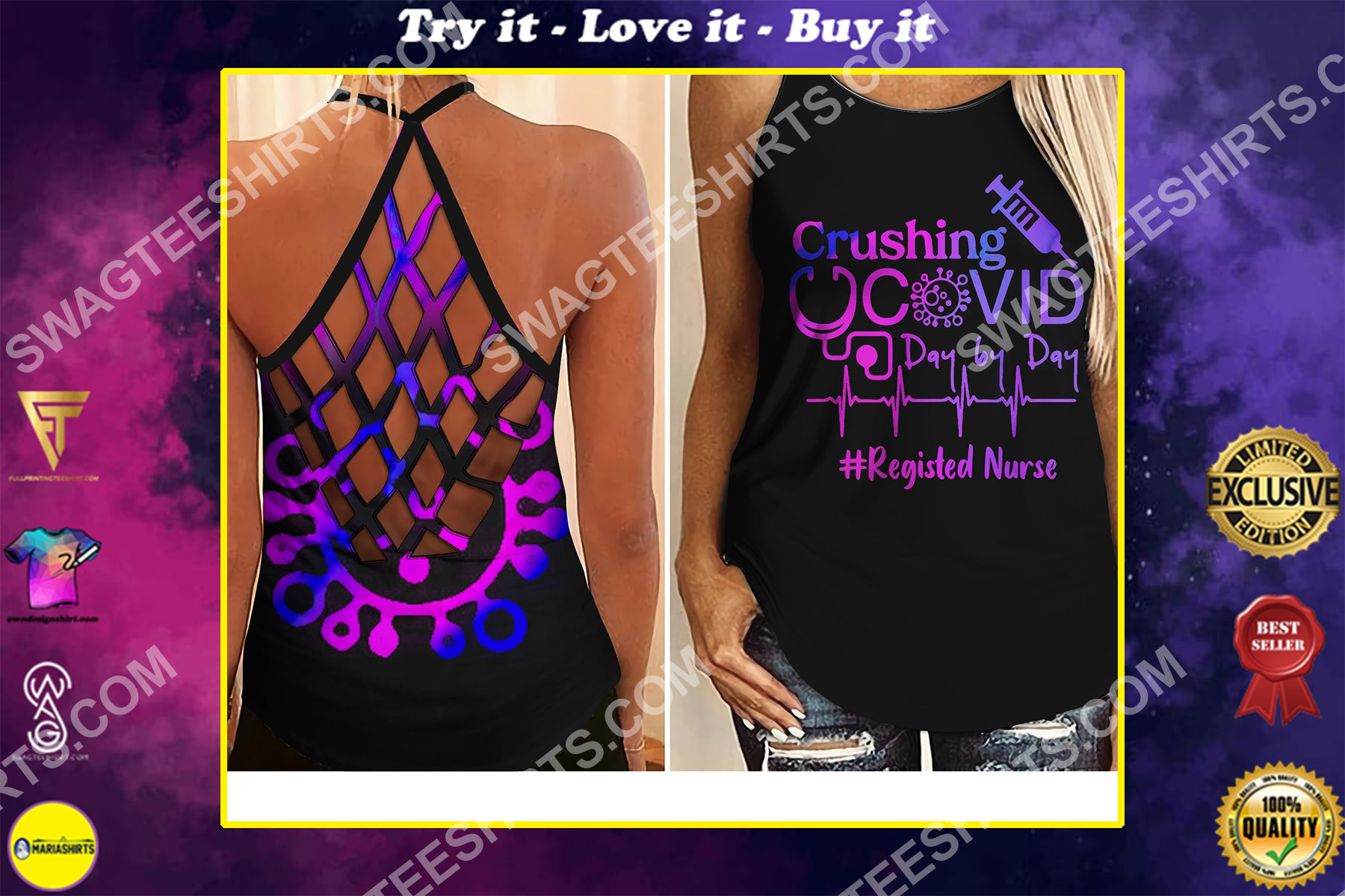 crushing registed nurse day by day all over printed criss-cross tank top