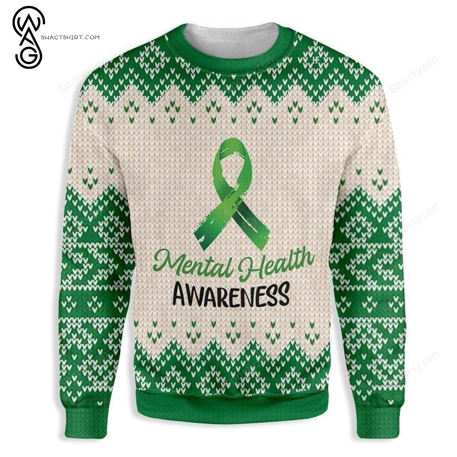 Green Ribbon Mental Health Awareness Ugly Christmas Sweater