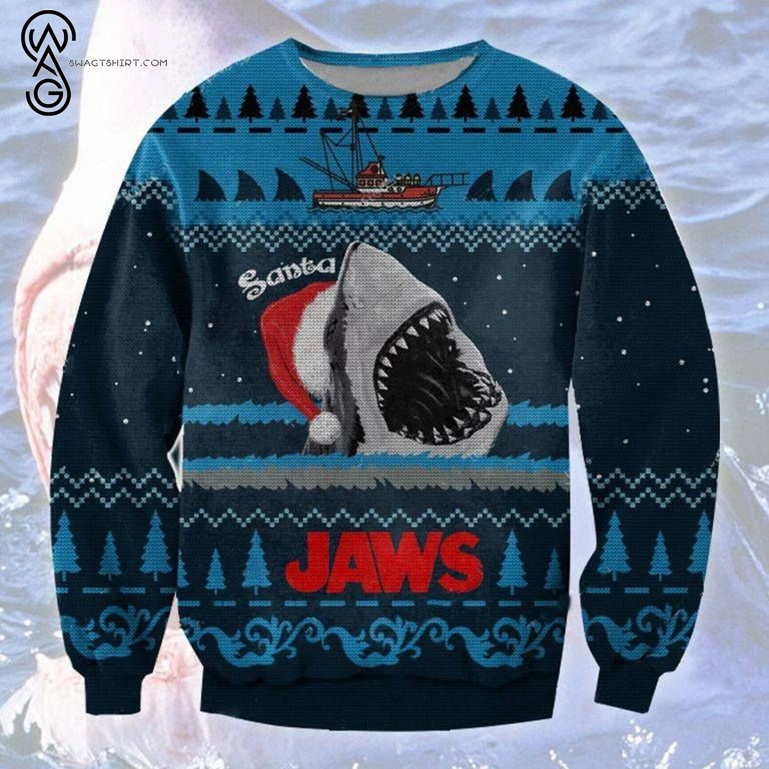 Santa Shark Jaws Full Print Ugly Christmas Sweater