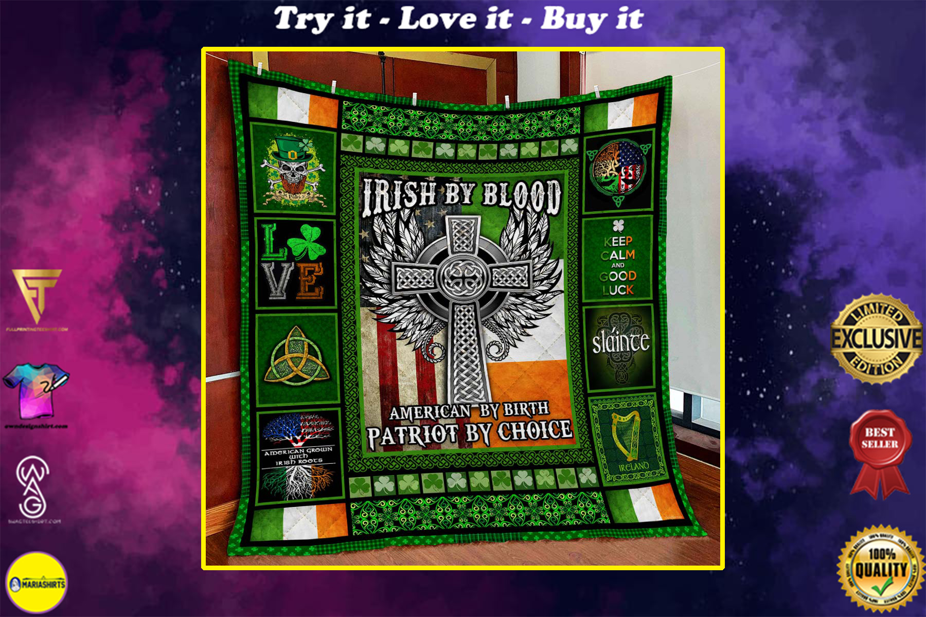 irish by blood american by birth patriot by choice all over printed quilt