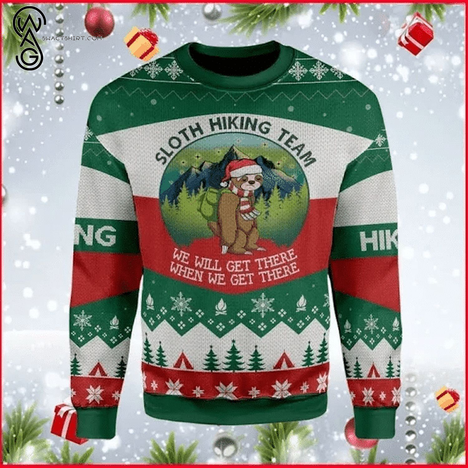 Sloth Hiking Team We'll Get There When We Get There Ugly Christmas Sweater