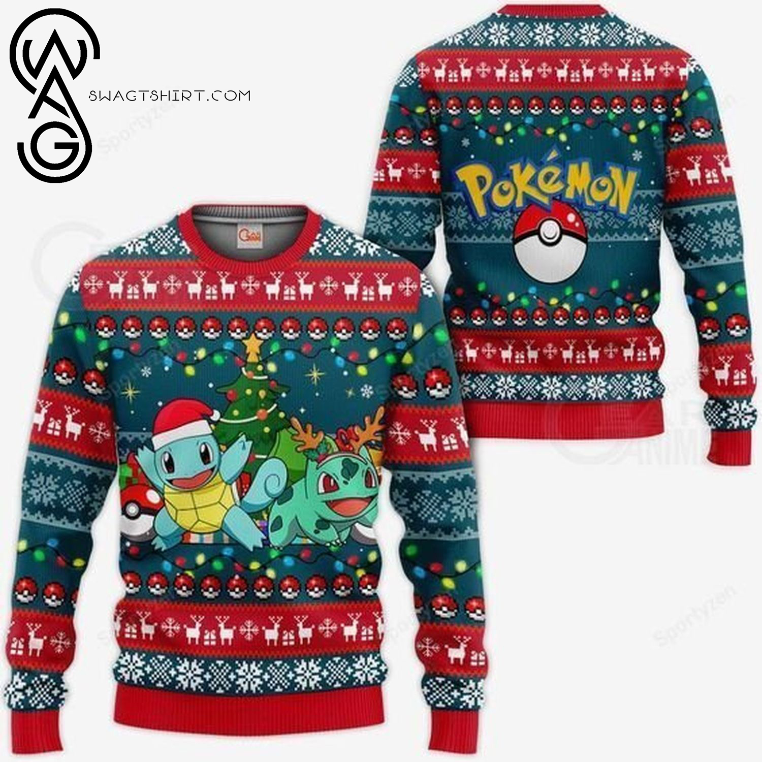 Pokemon Bulbasaur and Squirtle Full Print Ugly Christmas Sweater