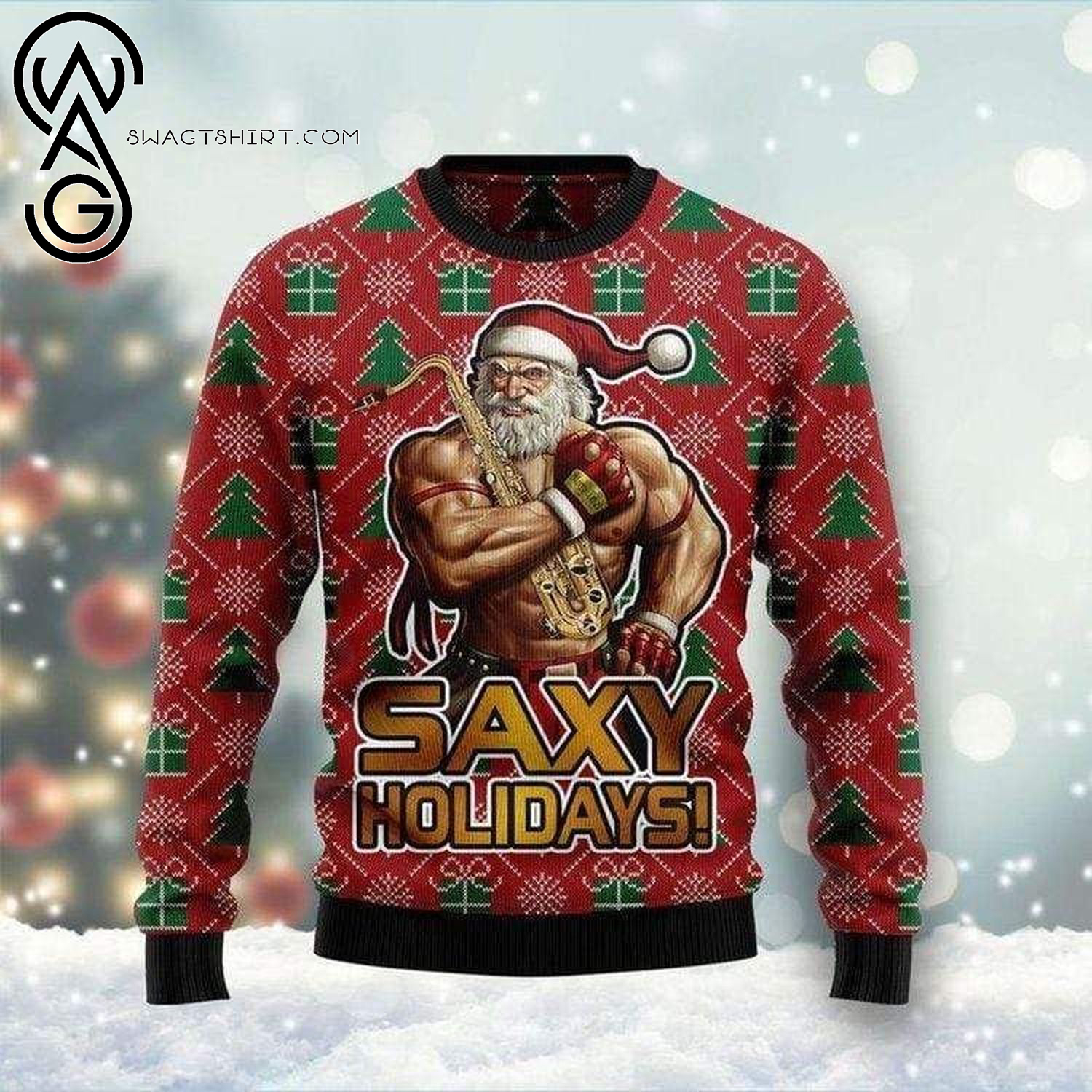 Saxy Holiday Muscle Santa Claus Workout Full Print Ugly Christmas Sweater