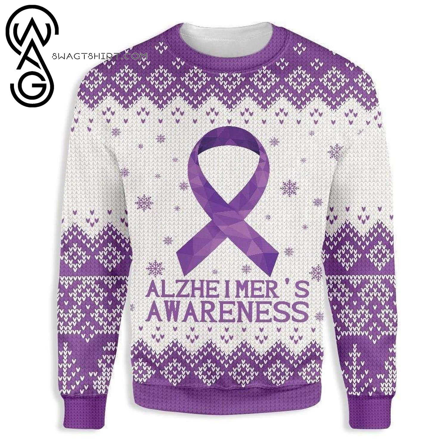 Alzheimer's Awareness Purple Ribbon Full Print Ugly Christmas Sweater