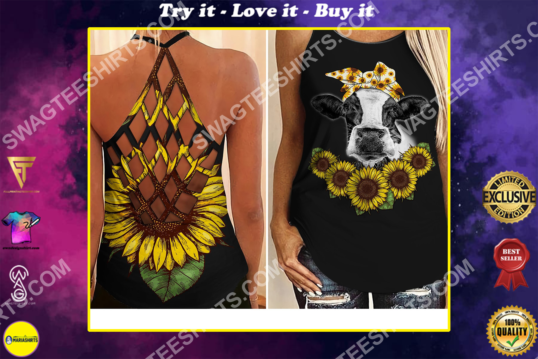 sunflower dairy cattle cow all over printed criss-cross tank top