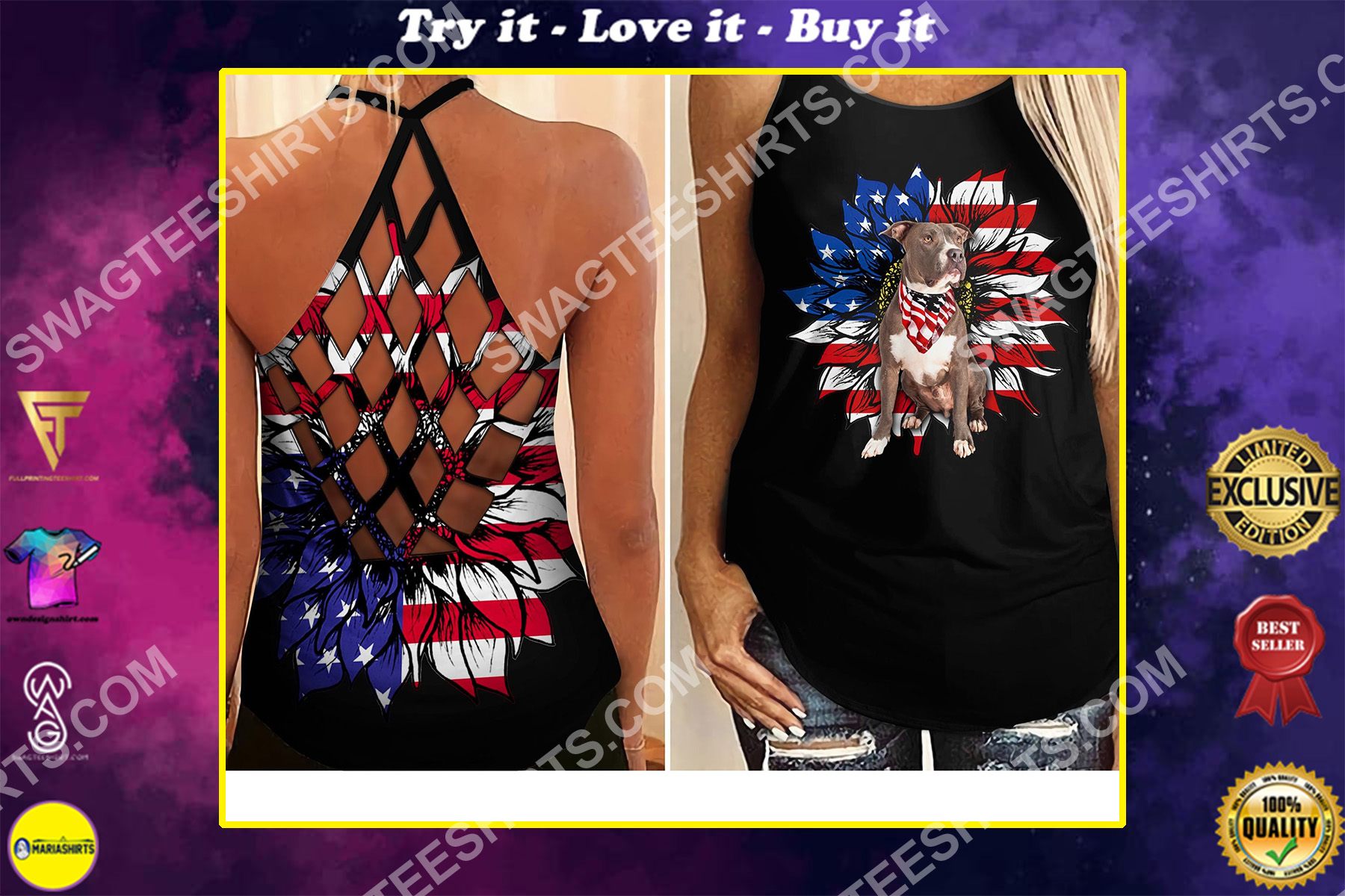 sunflower pitbull and american flag all over printed criss-cross tank top