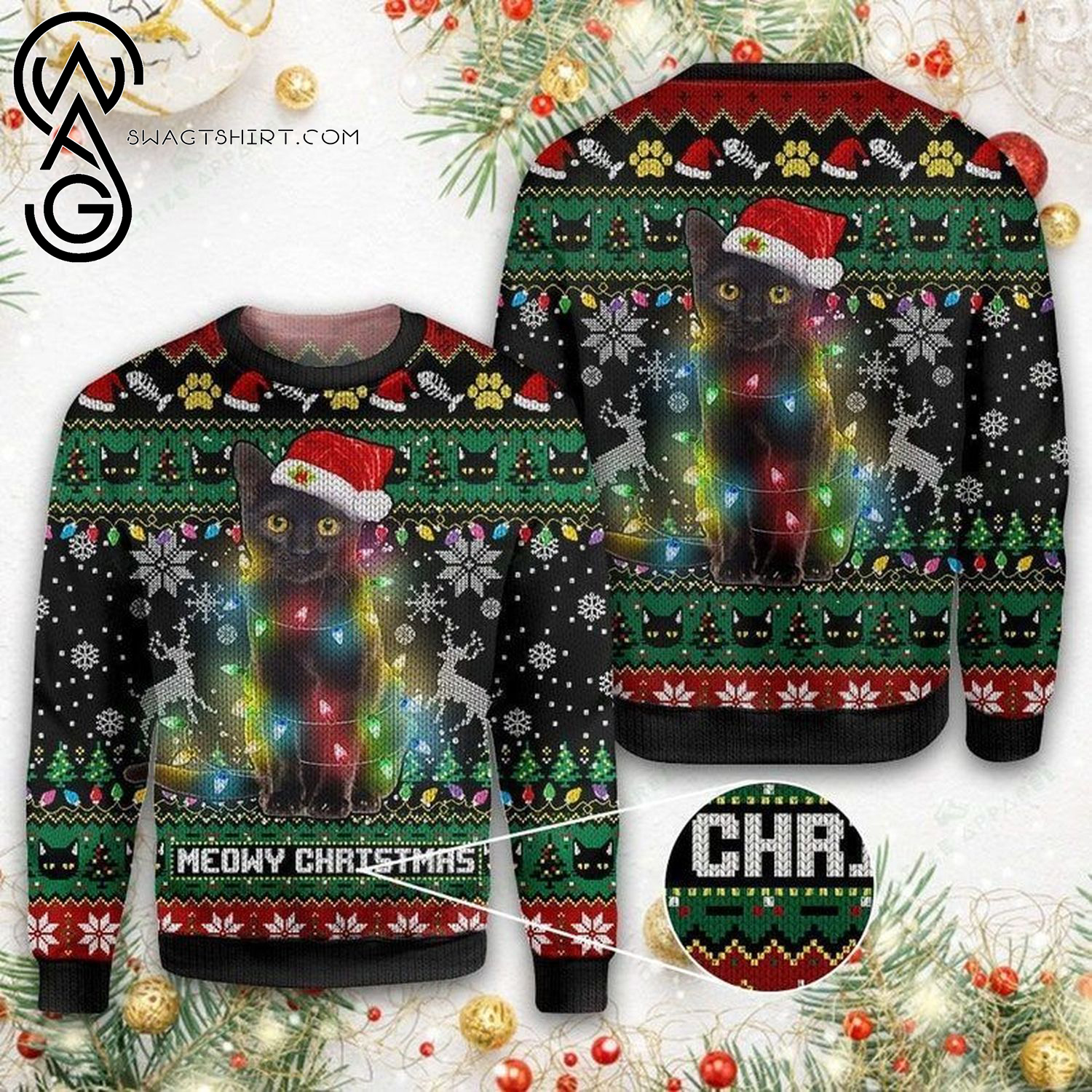 Meowy Christmas Cat Light Santa Hat Full Print Ugly Christmas Sweater