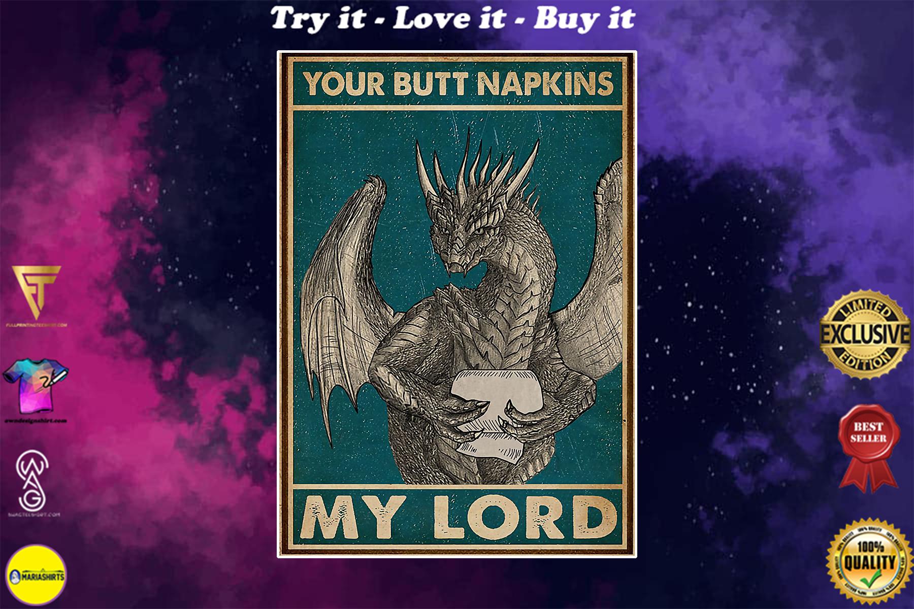 vintage dragon your butt napkins my lord sloth poster