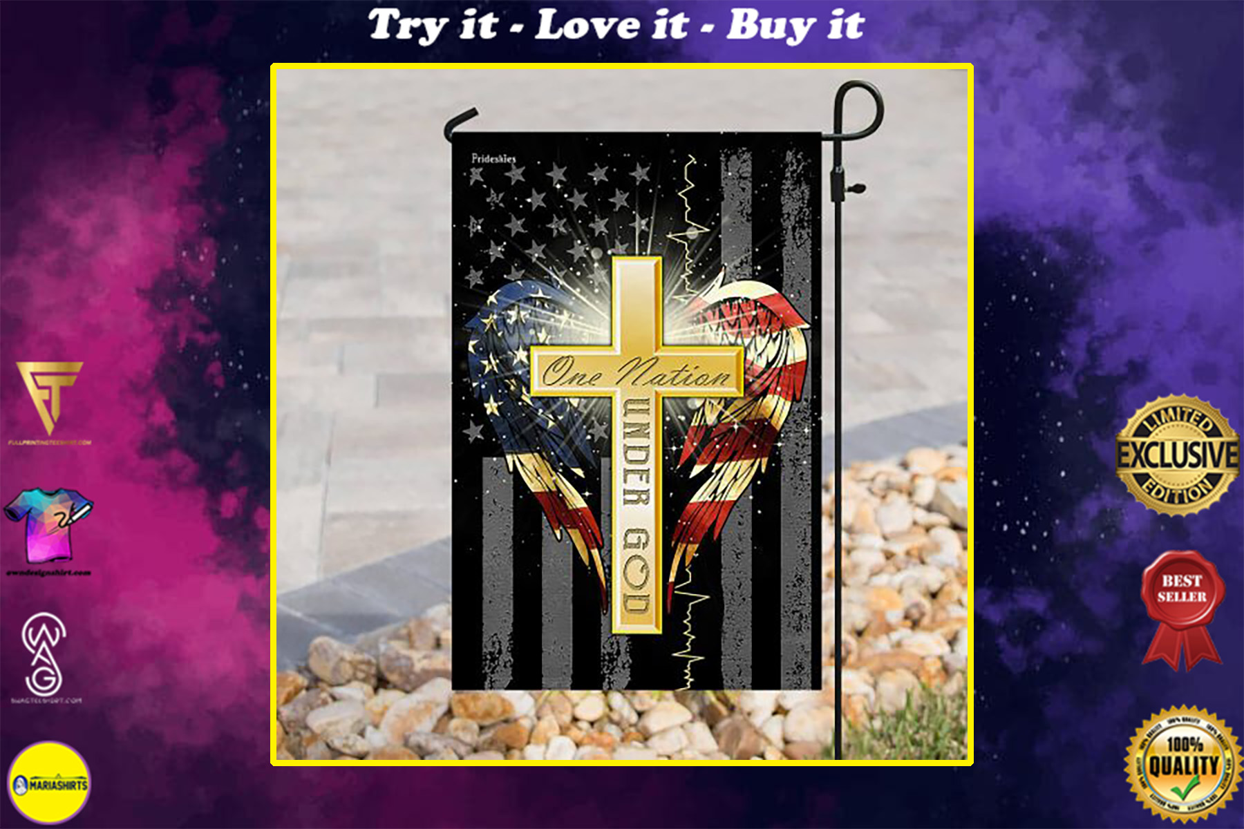 Jesus cross one nation under God american flag all over print flag