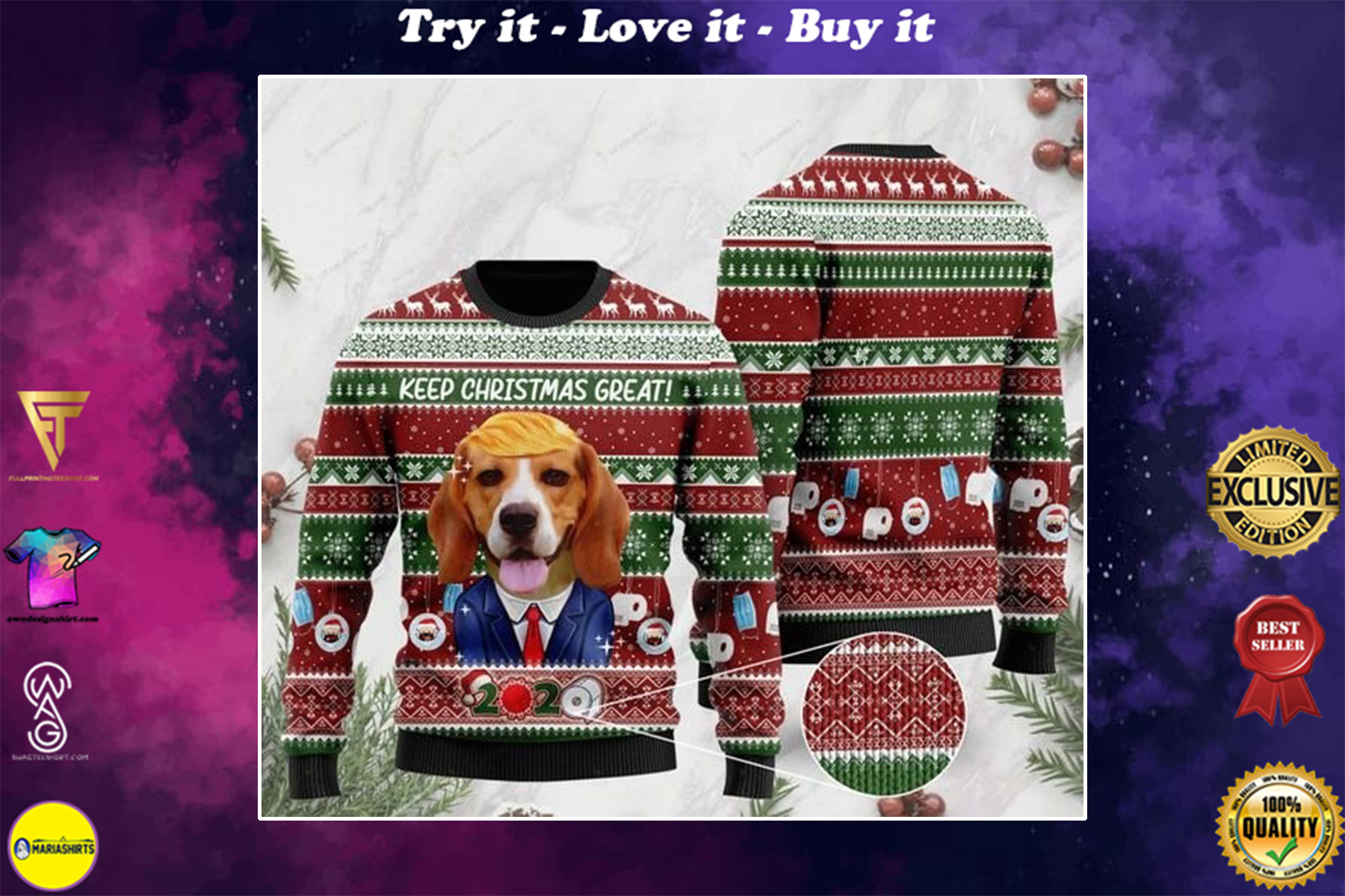 beagle keep christmas great full printing ugly sweater