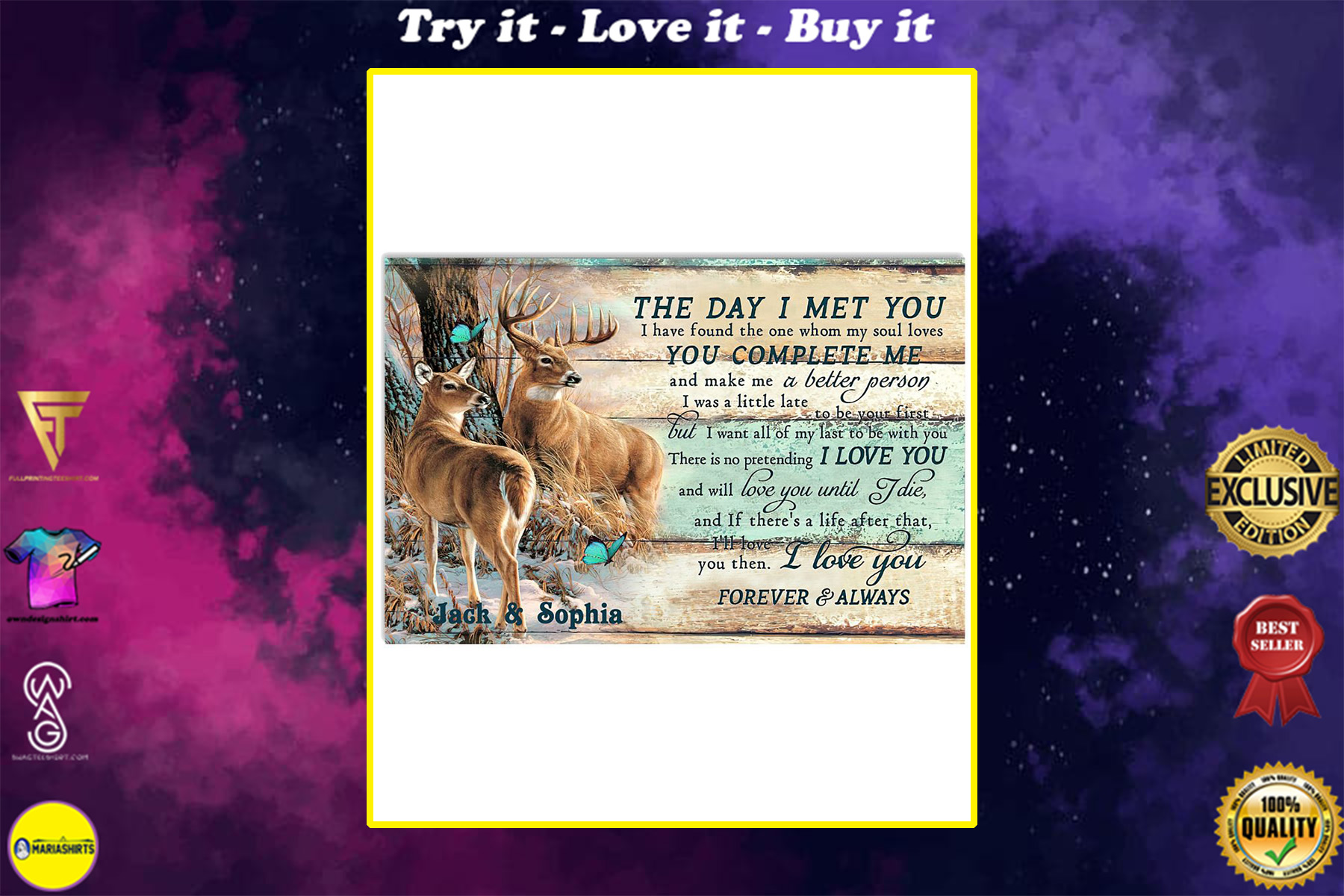 custom your name hunting buck and doe the day i met you i love you poster