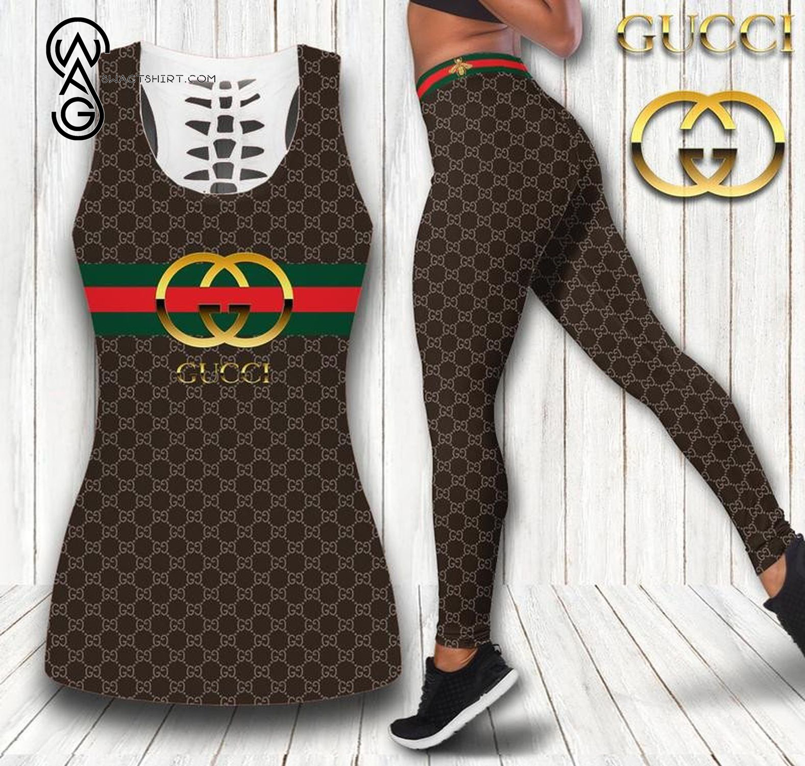 Best selling products] Gucci Brown Classic Logo Hollow Tank Top and Legging