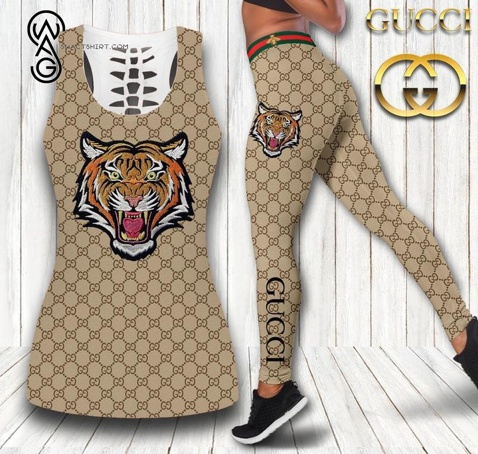 White Tiger 3d All Over Printed Hollow Tank Top & Leggings Set
