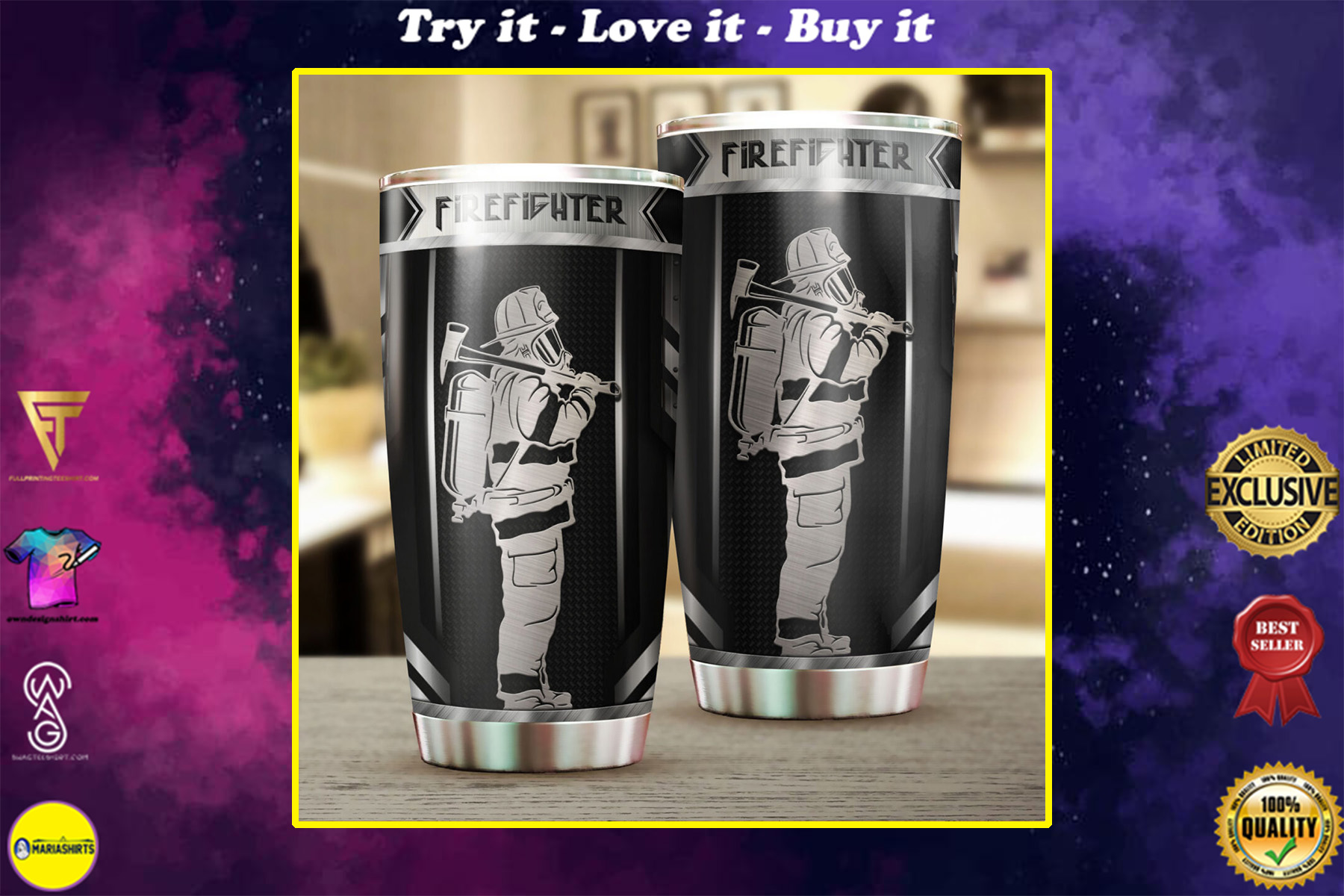 firefighter metal all over print stainless steel tumbler