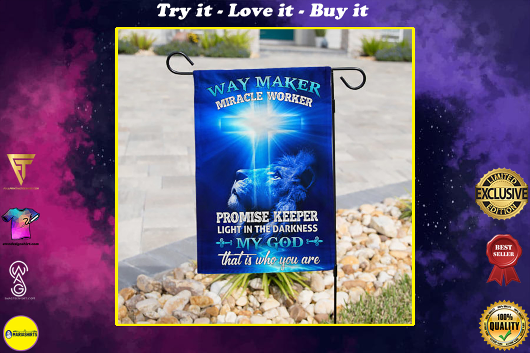 lion way maker miracle worker my God all over print flag